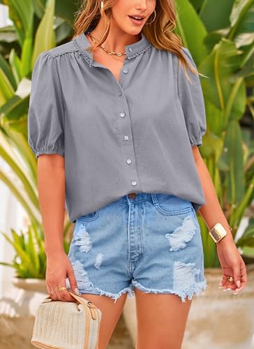 Women's Summer Tops Button Down Shirts Short Lantern Sleeve V Neck Cotton Cute Dressy Casual Blouses