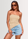 Womens Summer Tube Tops Trendy Strapless Ruched Going Out Tops Outfits Asymmetrical Bandeau Shirts