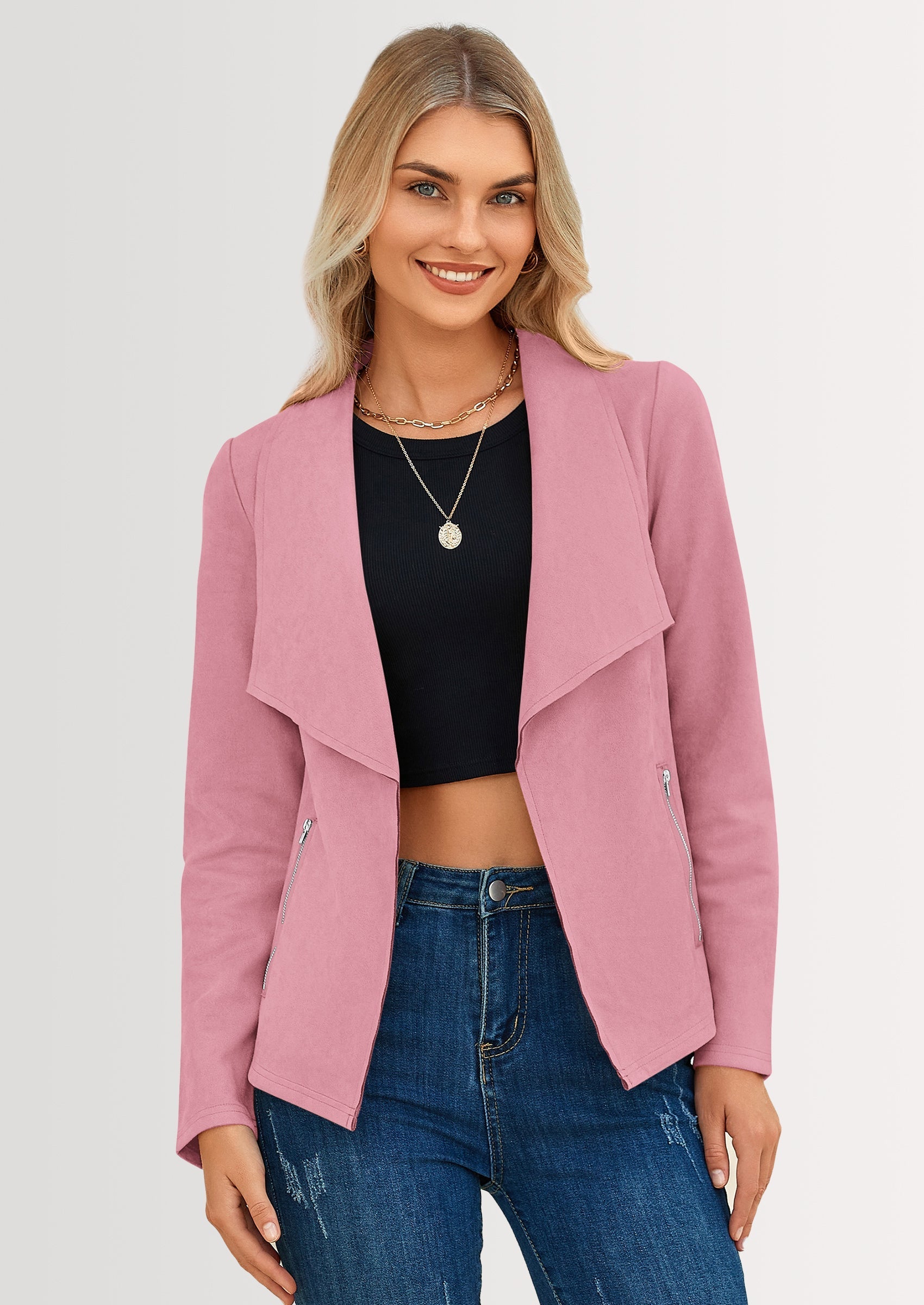 Women's Faux Suede Jackets Fashion Fall Clothes Long Sleeve Open Front Cropped Coat Outwear