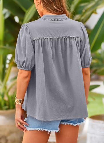 Women's Summer Tops Button Down Shirts Short Lantern Sleeve V Neck Cotton Cute Dressy Casual Blouses