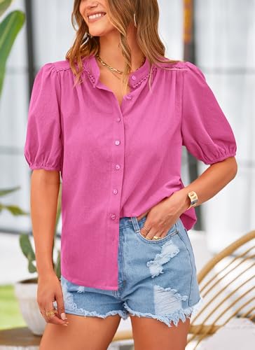 Women's Summer Tops Button Down Shirts Short Lantern Sleeve V Neck Cotton Cute Dressy Casual Blouses