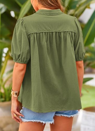 Women's Summer Tops Button Down Shirts Short Lantern Sleeve V Neck Cotton Cute Dressy Casual Blouses