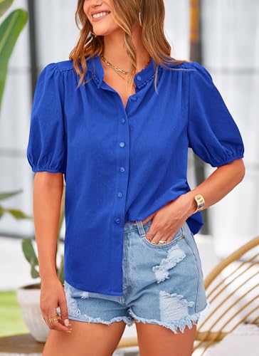 Women's Summer Tops Button Down Shirts Short Lantern Sleeve V Neck Cotton Cute Dressy Casual Blouses