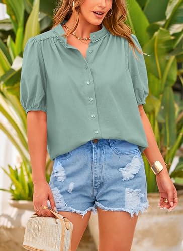 Women's Summer Tops Button Down Shirts Short Lantern Sleeve V Neck Cotton Cute Dressy Casual Blouses