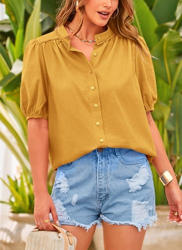 Women's Summer Tops Button Down Shirts Short Lantern Sleeve V Neck Cotton Cute Dressy Casual Blouses