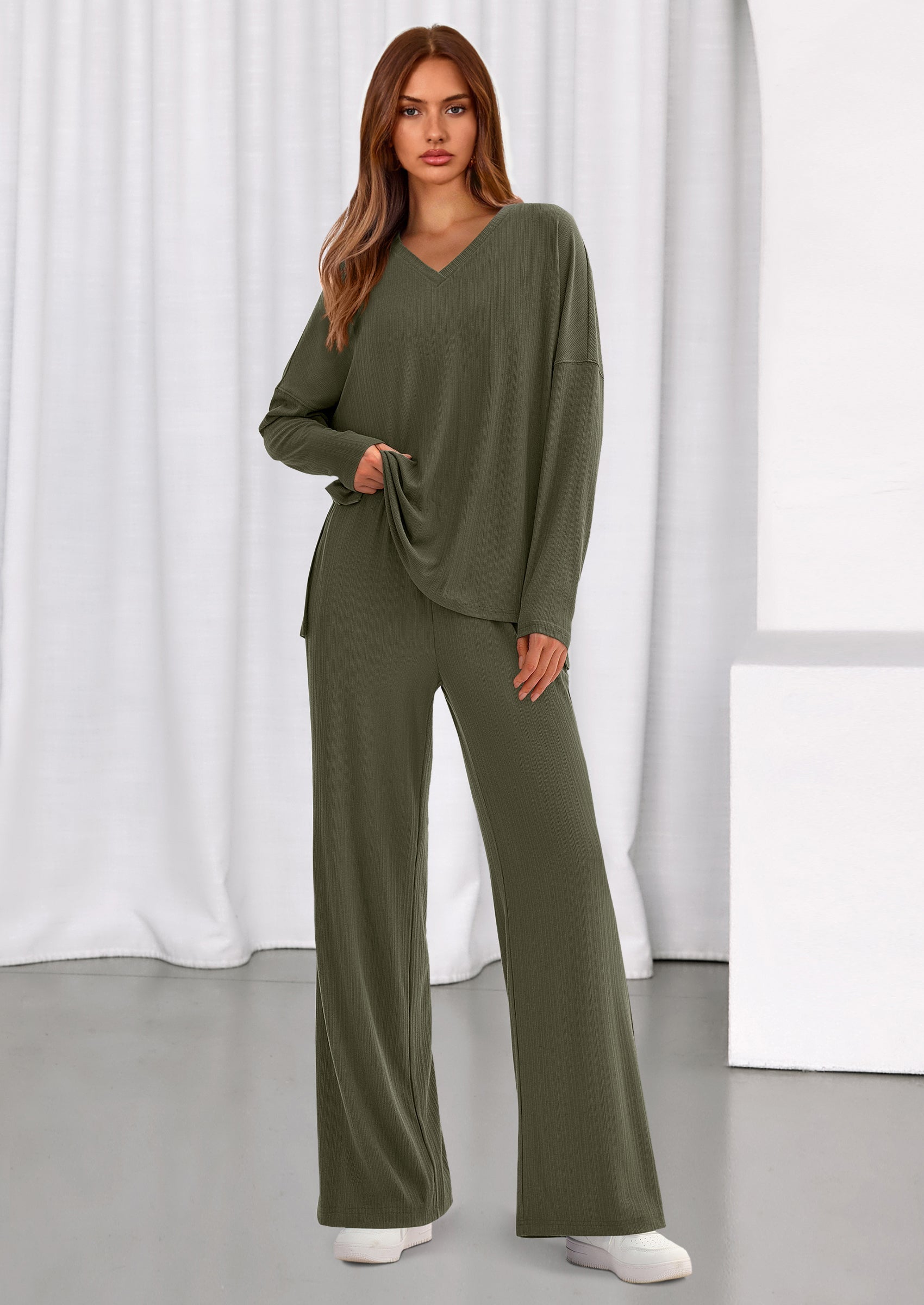 2 Piece Lounge Sets for Women Fall Outfits Casual Loose Long Sleeve Tops Wide Leg Pants Matching Pajama Set