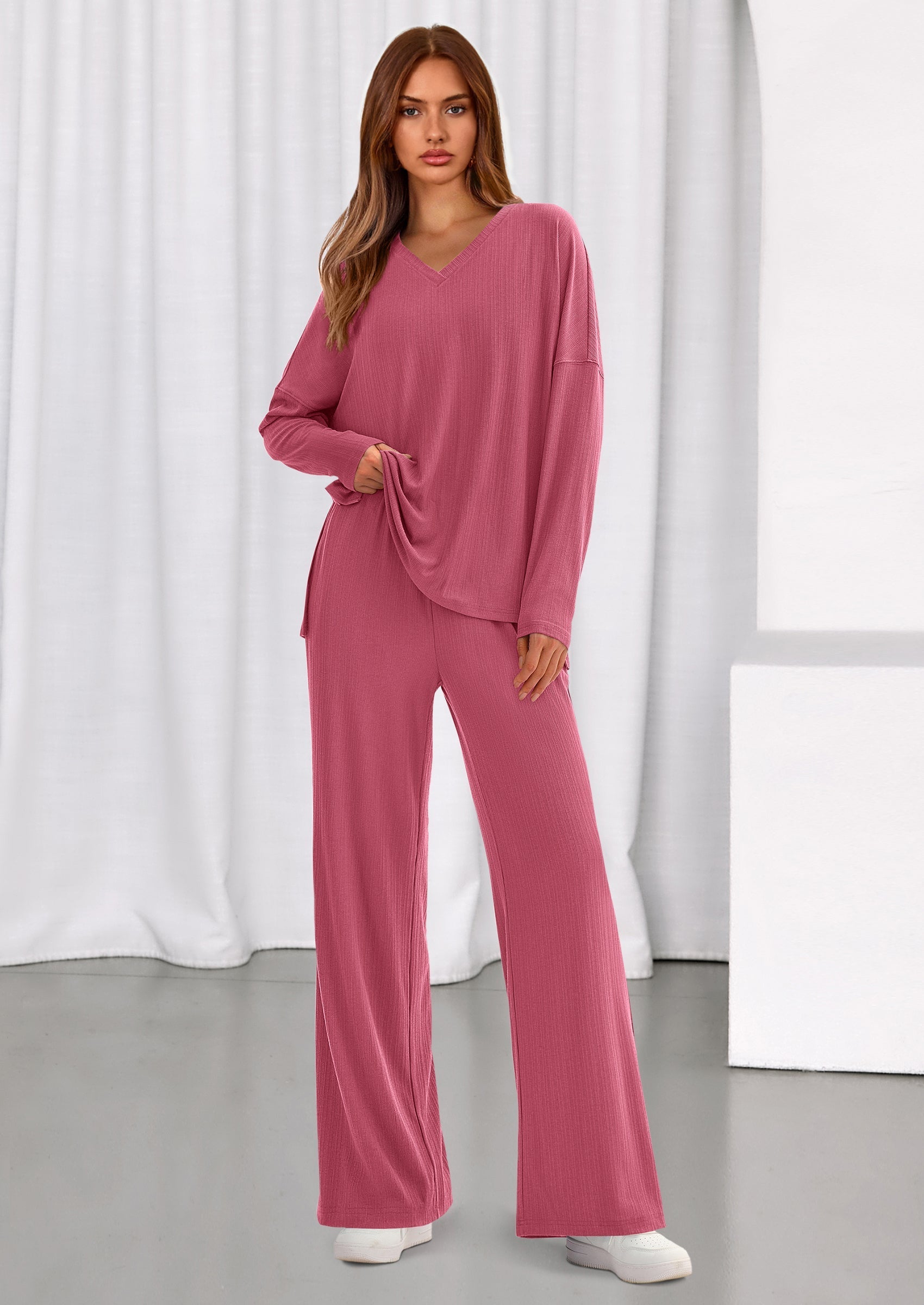 2 Piece Lounge Sets for Women Fall Outfits Casual Loose Long Sleeve Tops Wide Leg Pants Matching Pajama Set