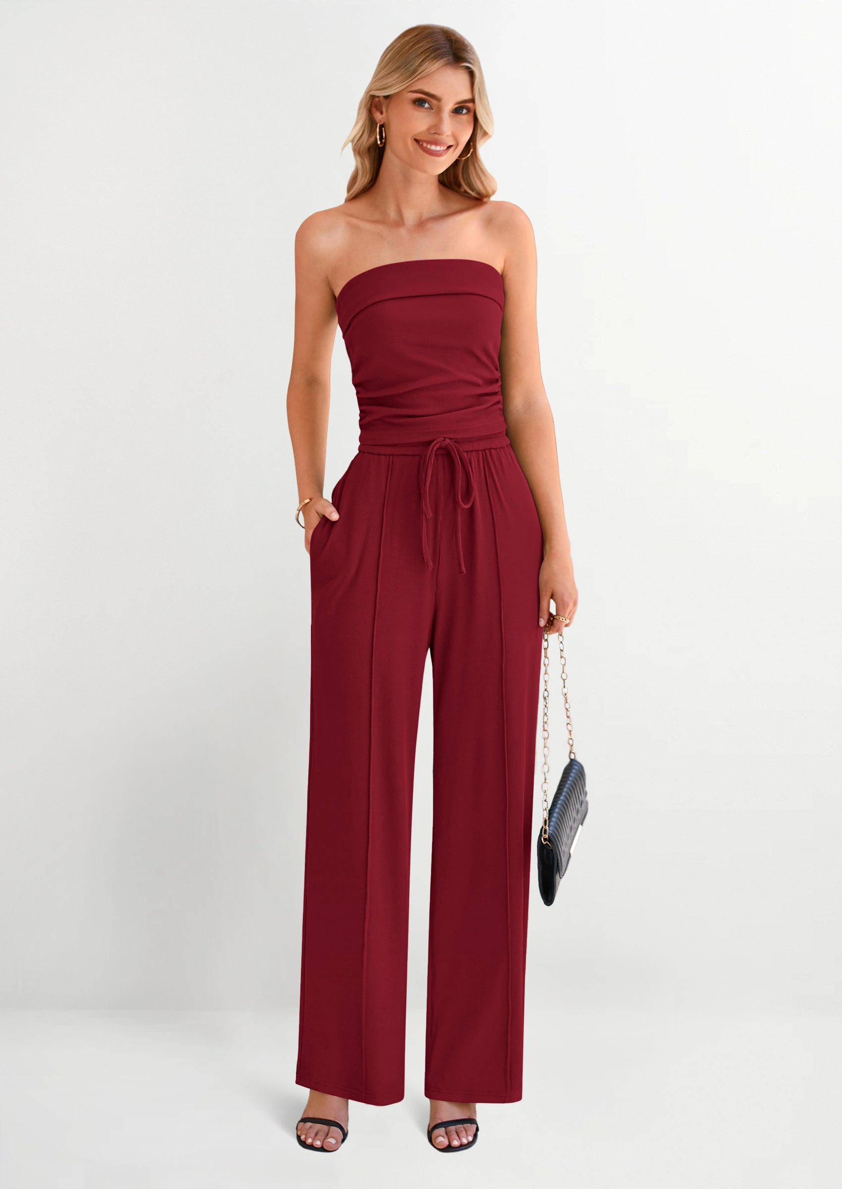 2 Piece Sets Casual Ribbed Knit Crop Tube Top Wide Leg Pants Lounge Set