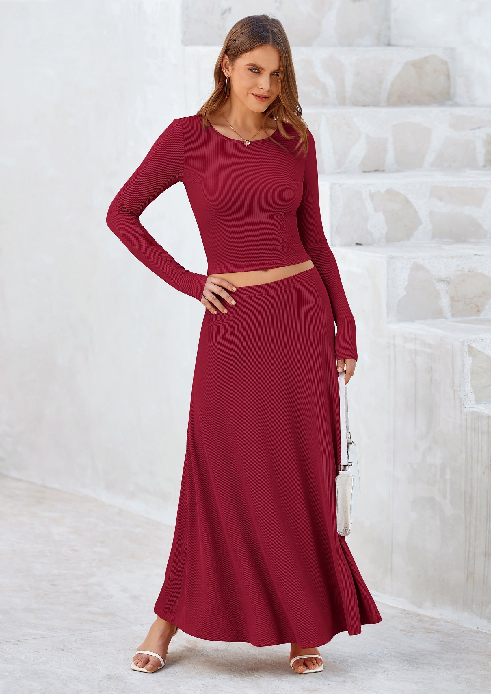 2 Piece Casual Ribbed Knit Long Sleeve Crop Tops Maxi Flowy Skirts Matching Sets