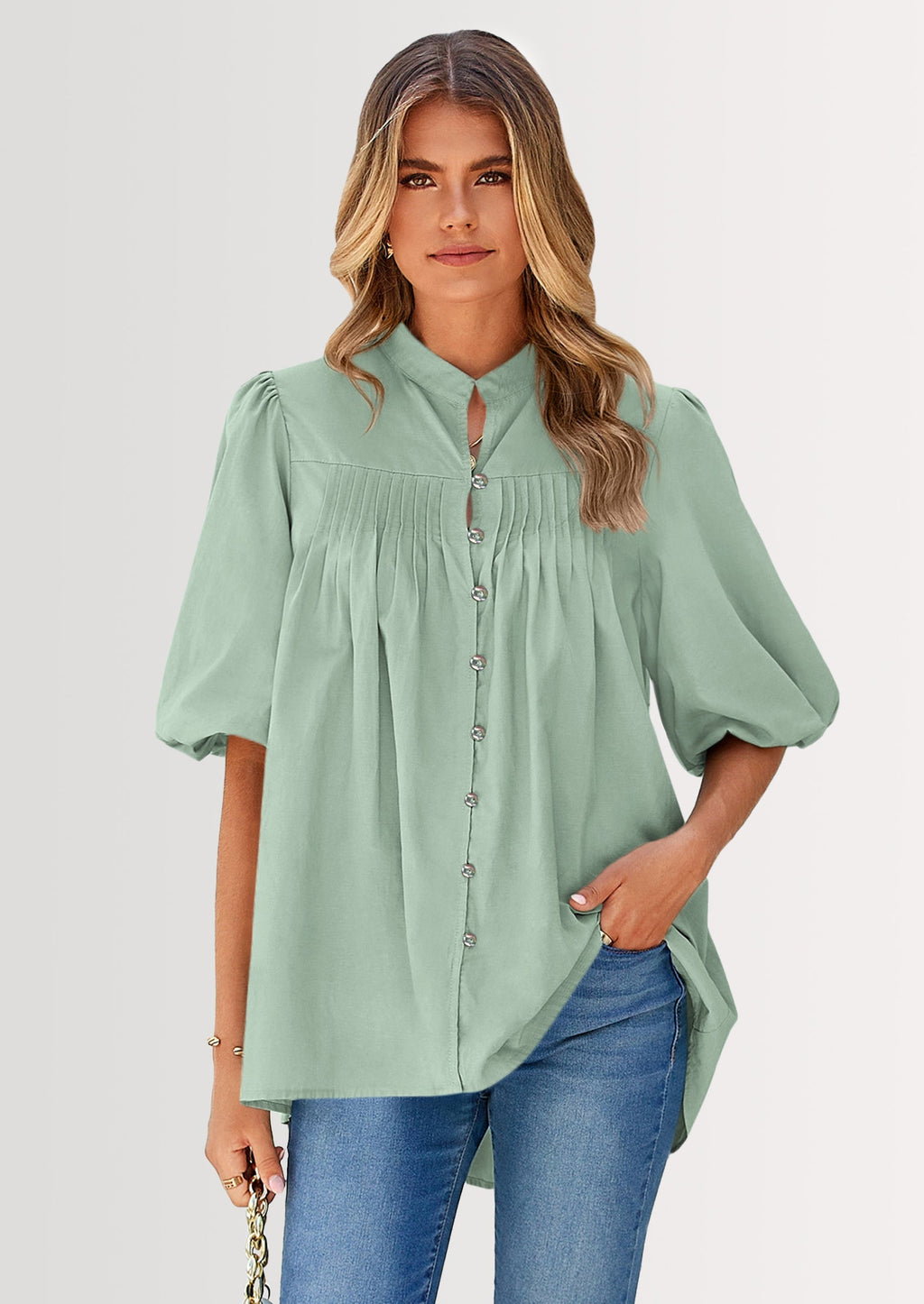Women's Summer Short Lantern Sleeve Tops Loose Fit Button Down Shirt Casual Pleated V Neck Blouses