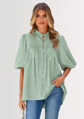 Women's Summer Short Lantern Sleeve Tops Loose Fit Button Down Shirt Casual Pleated V Neck Blouses