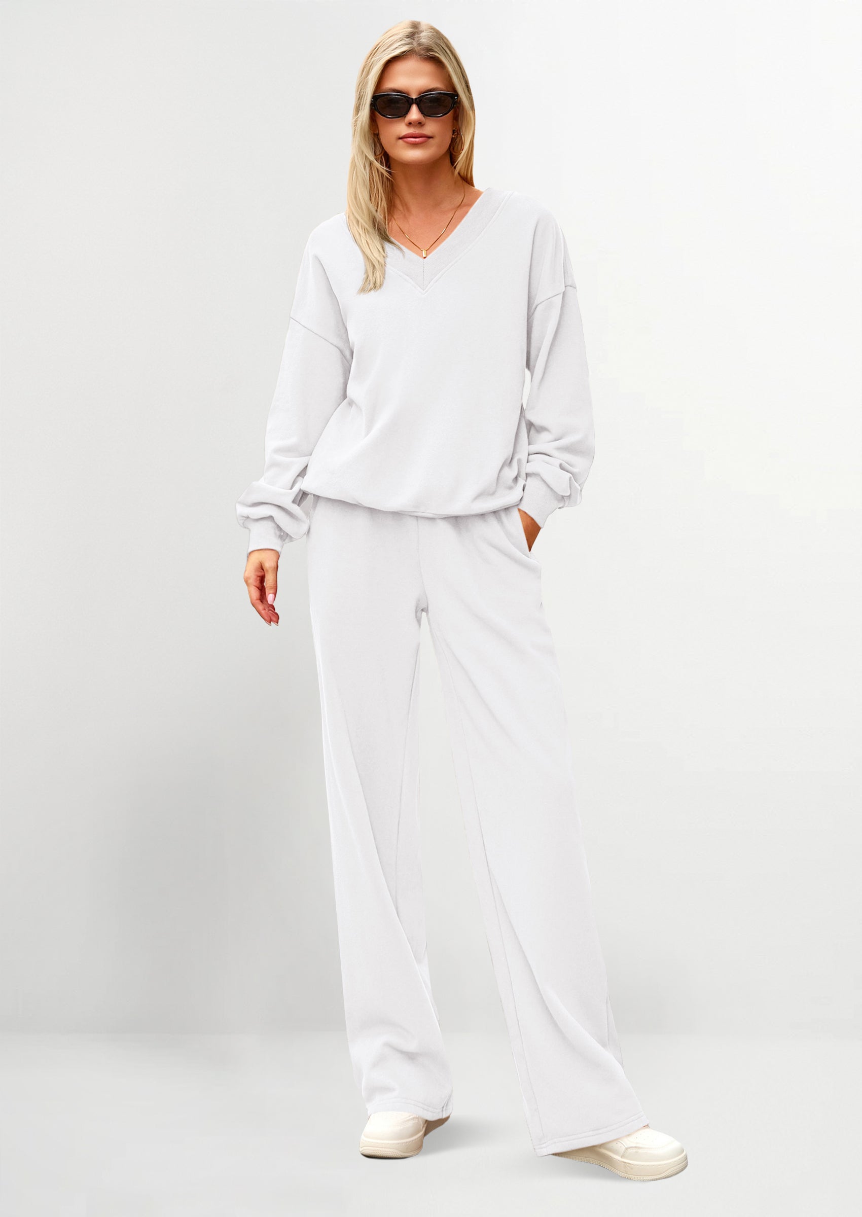 Casual Winter Two Piece Sets for Women V Neck Sweatshirt Loose Wide Leg Pants Tracksuit Knit Fall Outfits