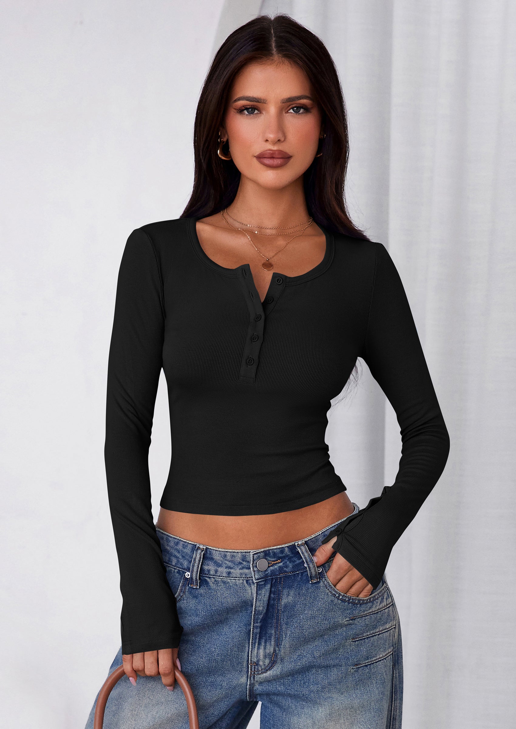 Women's Summer Long Sleeve Henley T Shirts Ribbed Knit Button Slim Fitted Basic Casual Going Out Fall Tops