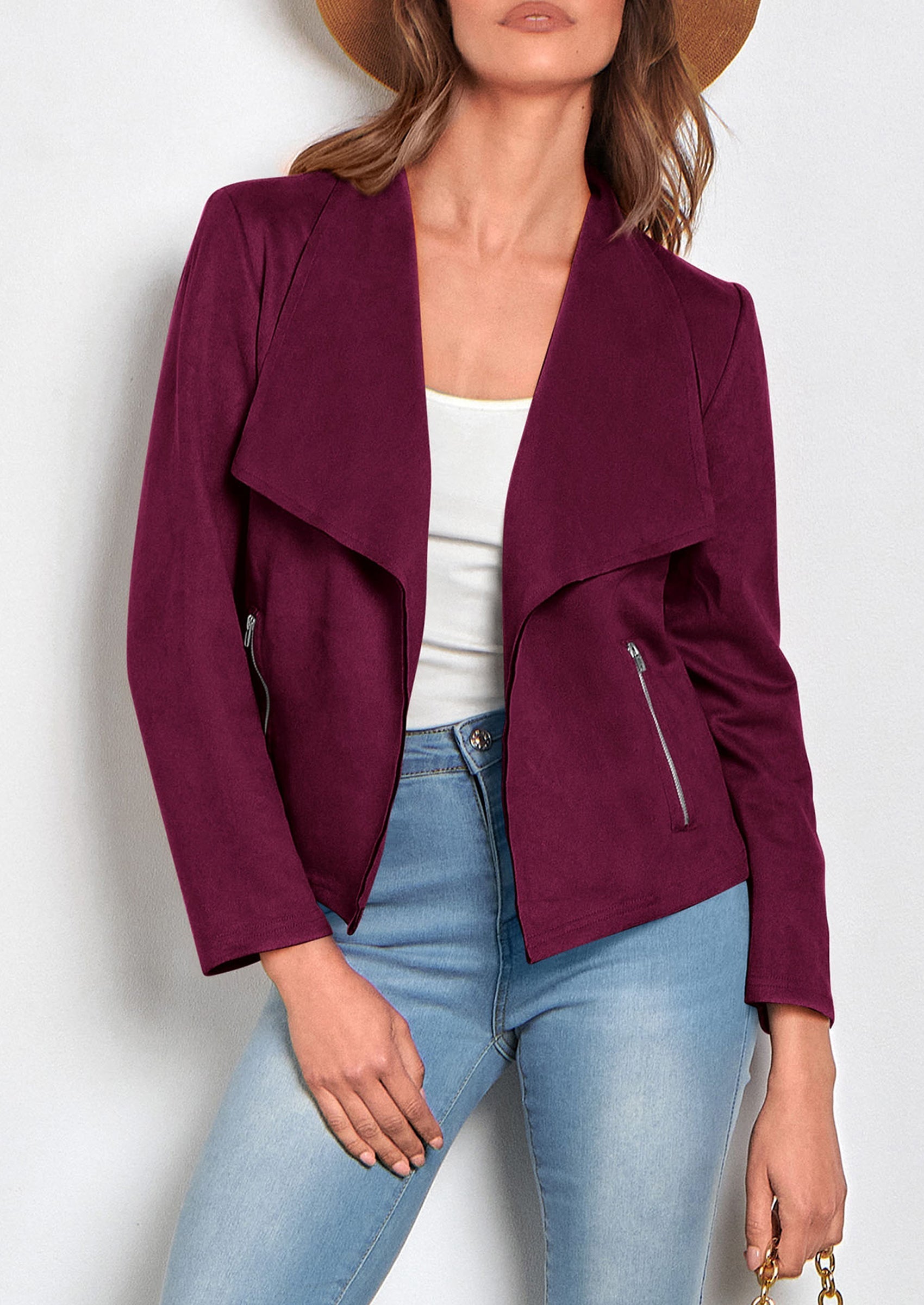 Women's Faux Suede Jackets Fashion Fall Clothes Long Sleeve Open Front Cropped Coat Outwear