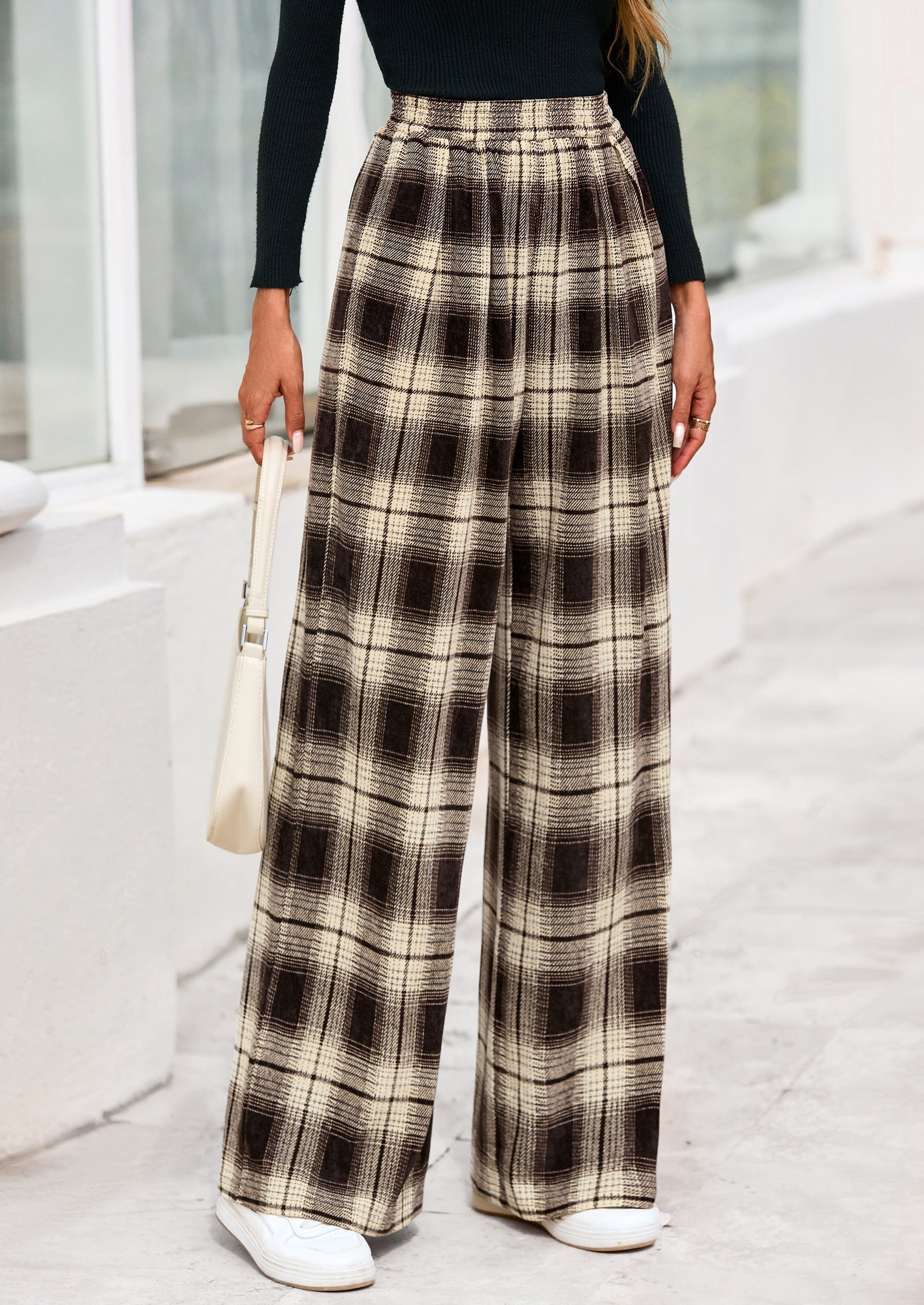 Casual Women's Pants Elastic Waist Palazzo Long Stretchy Wide Leg Trousers Knit Fall Outfits with Pockets