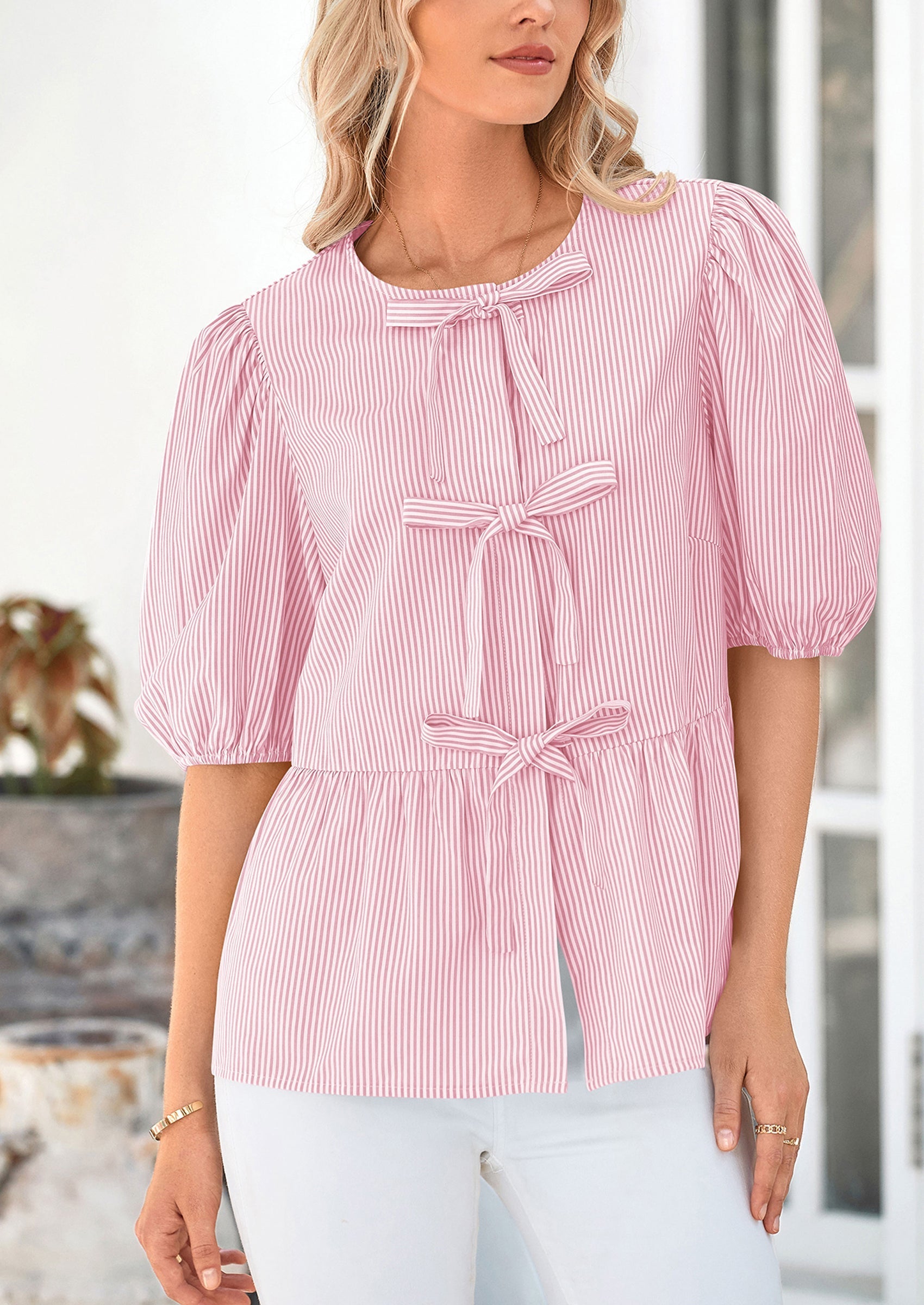 Women's Tie Front Striped Shirt Summer Trendy Fashion Cute Babydoll Tops Peplum Puffy Sleeve Blouse
