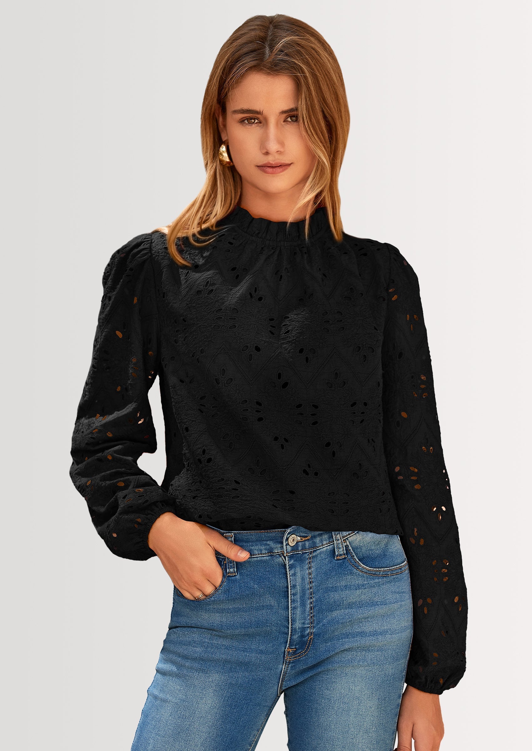 Womens Tops Dressy Casual Spring Long Sleeve Shirts Embroidered Eyelet Blouses Going Out Outfits