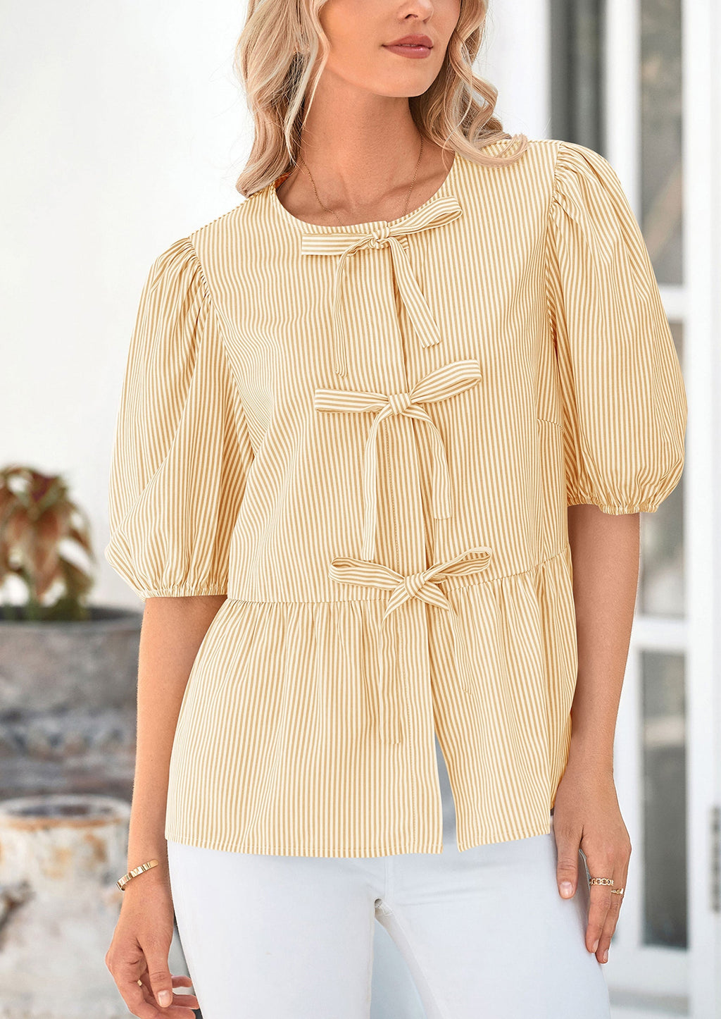 Women's Tie Front Striped Shirt Summer Trendy Fashion Cute Babydoll Tops Peplum Puffy Sleeve Blouse