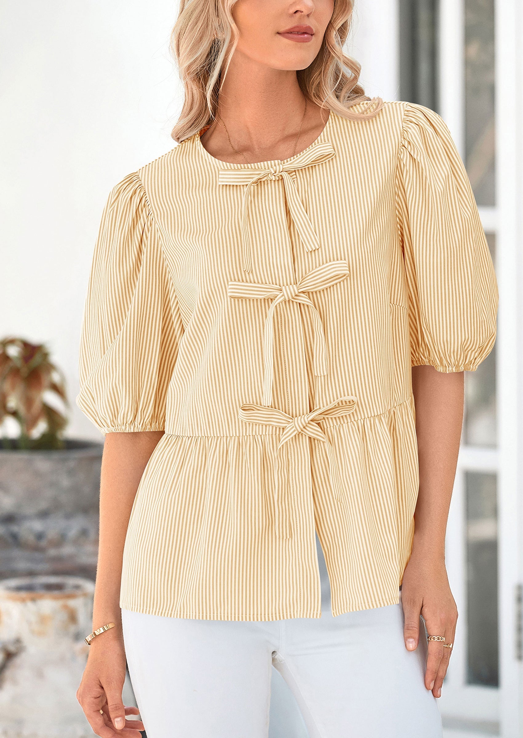 Women's Tie Front Striped Shirt Summer Trendy Fashion Cute Babydoll Tops Peplum Puffy Sleeve Blouse