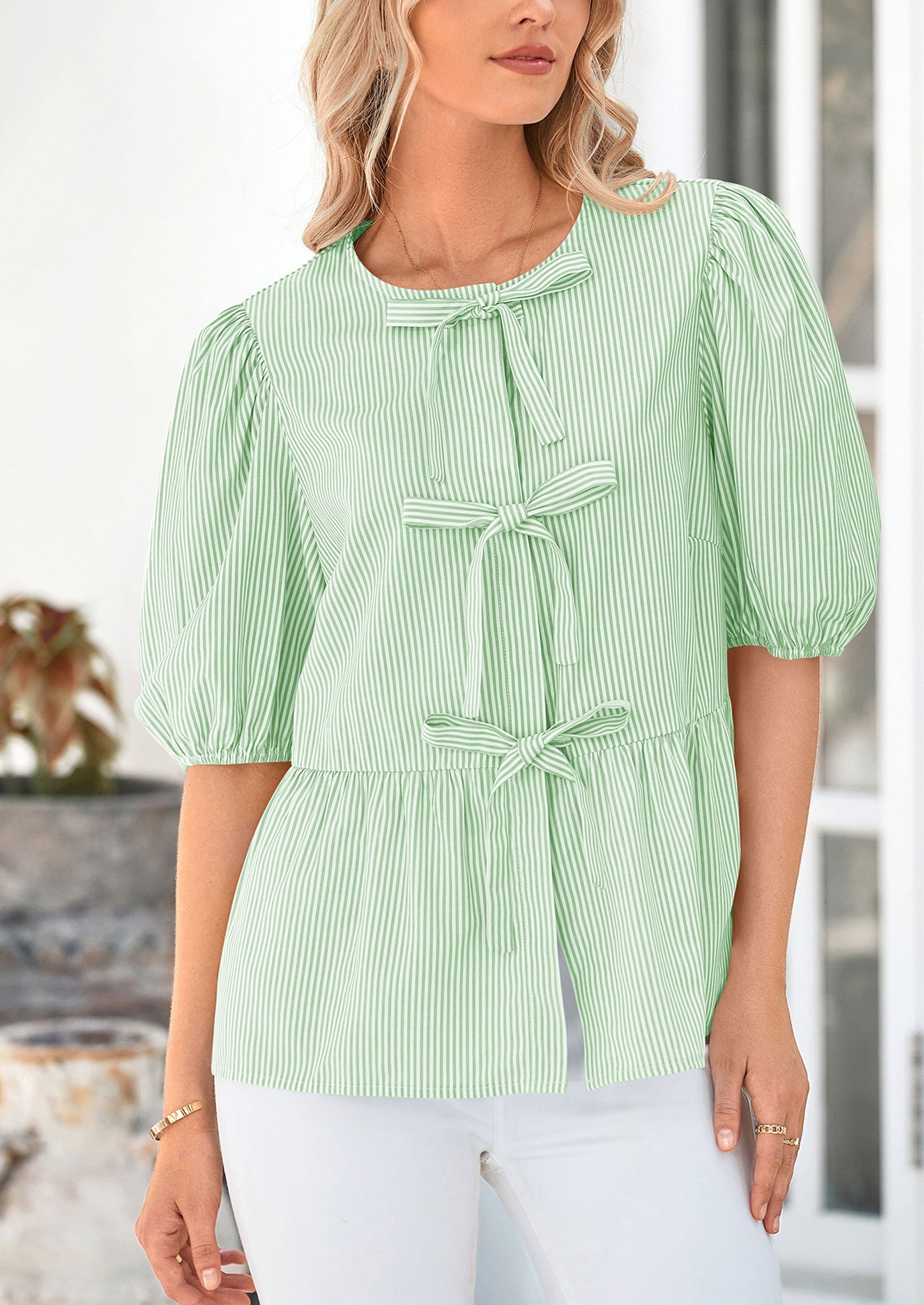 Women's Tie Front Striped Shirt Summer Trendy Fashion Cute Babydoll Tops Peplum Puffy Sleeve Blouse