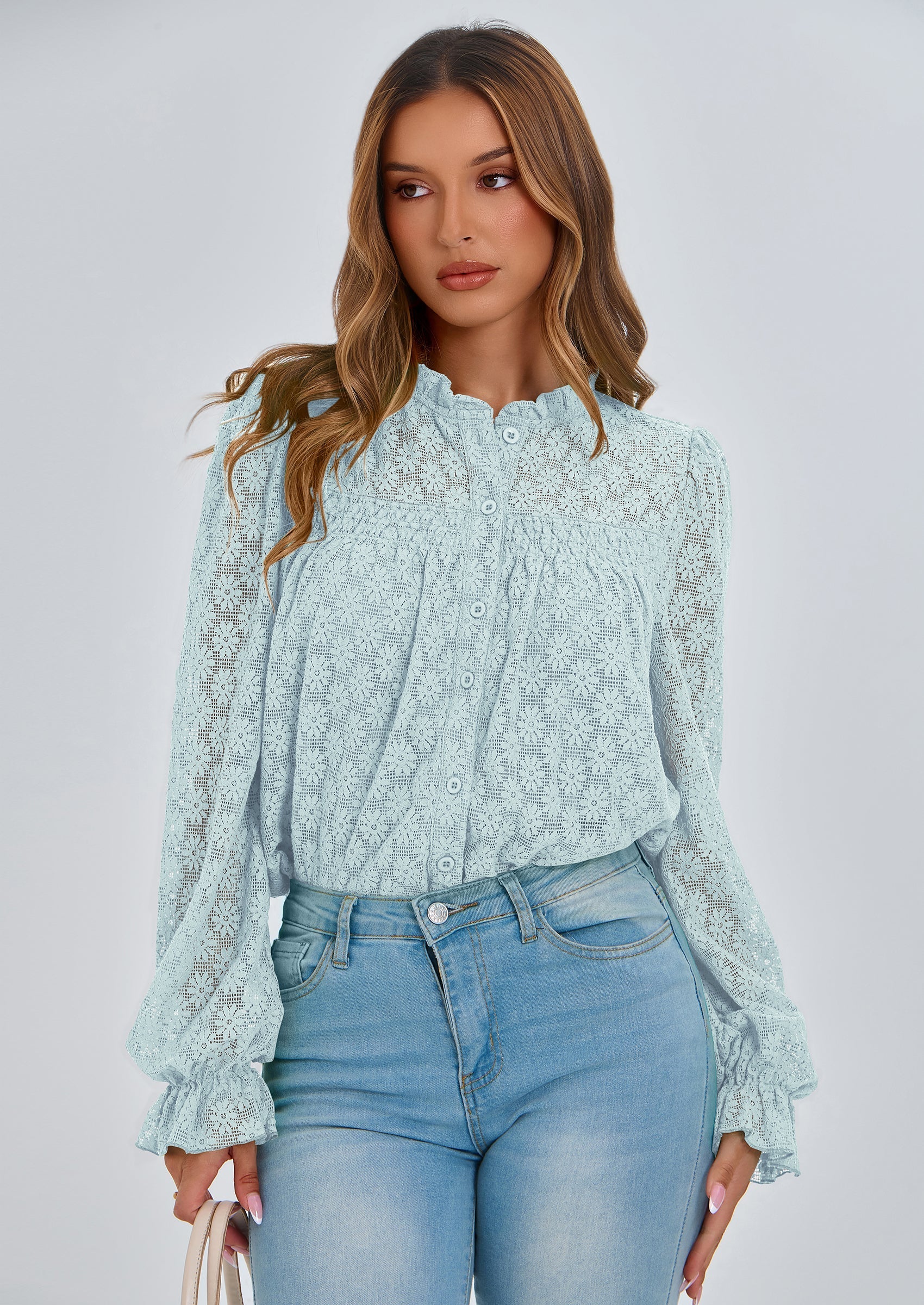 Lace Long Sleeve Tops for Women Eyelet Blouses Dressy Casual Hollow Out Button Down Shirts Summer Outfits