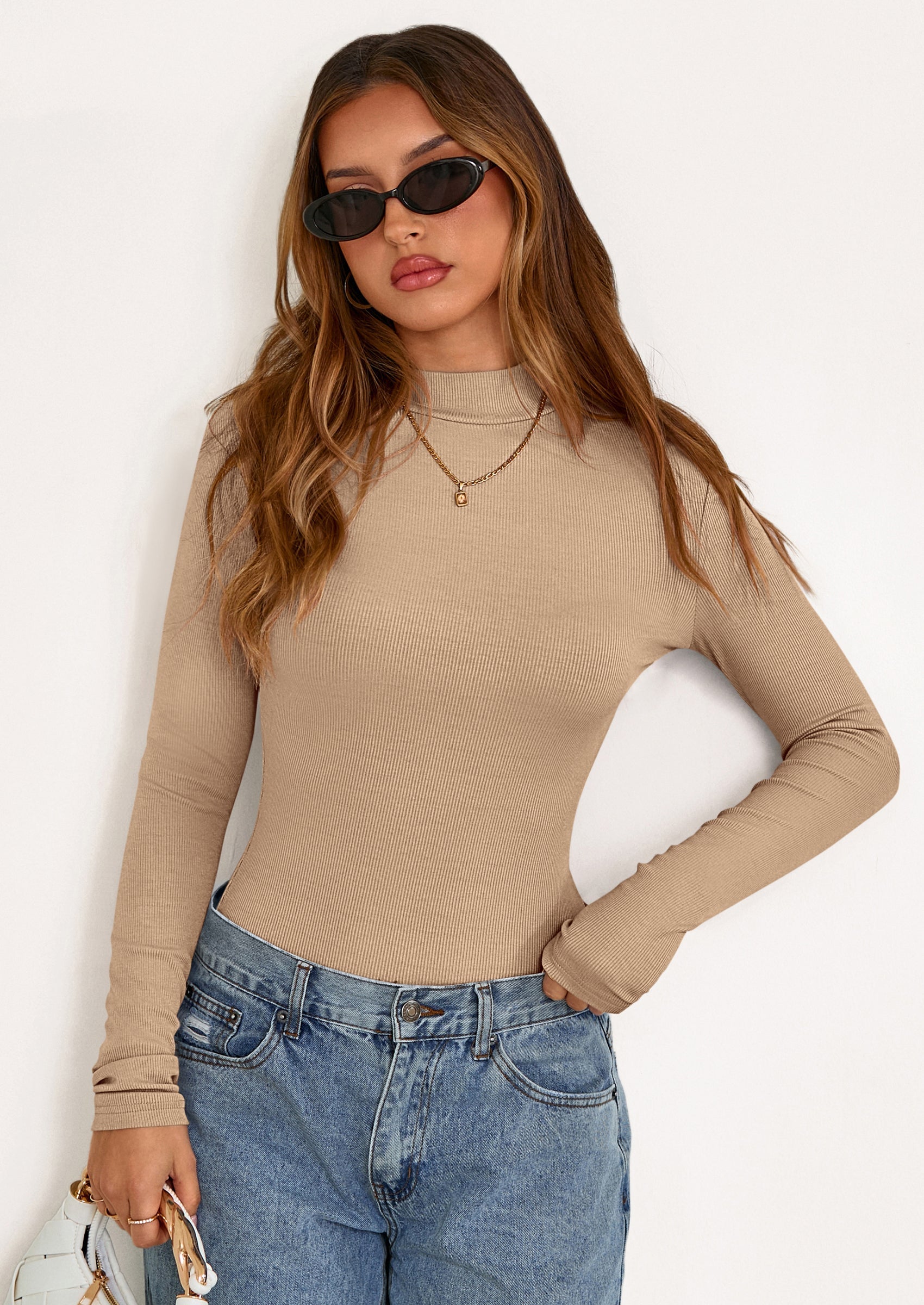 Women's Turtleneck Long Sleeve Shirts Fall Basic Tees Ribbed Fitted Tops Thermal Layering Knit Top Clothes