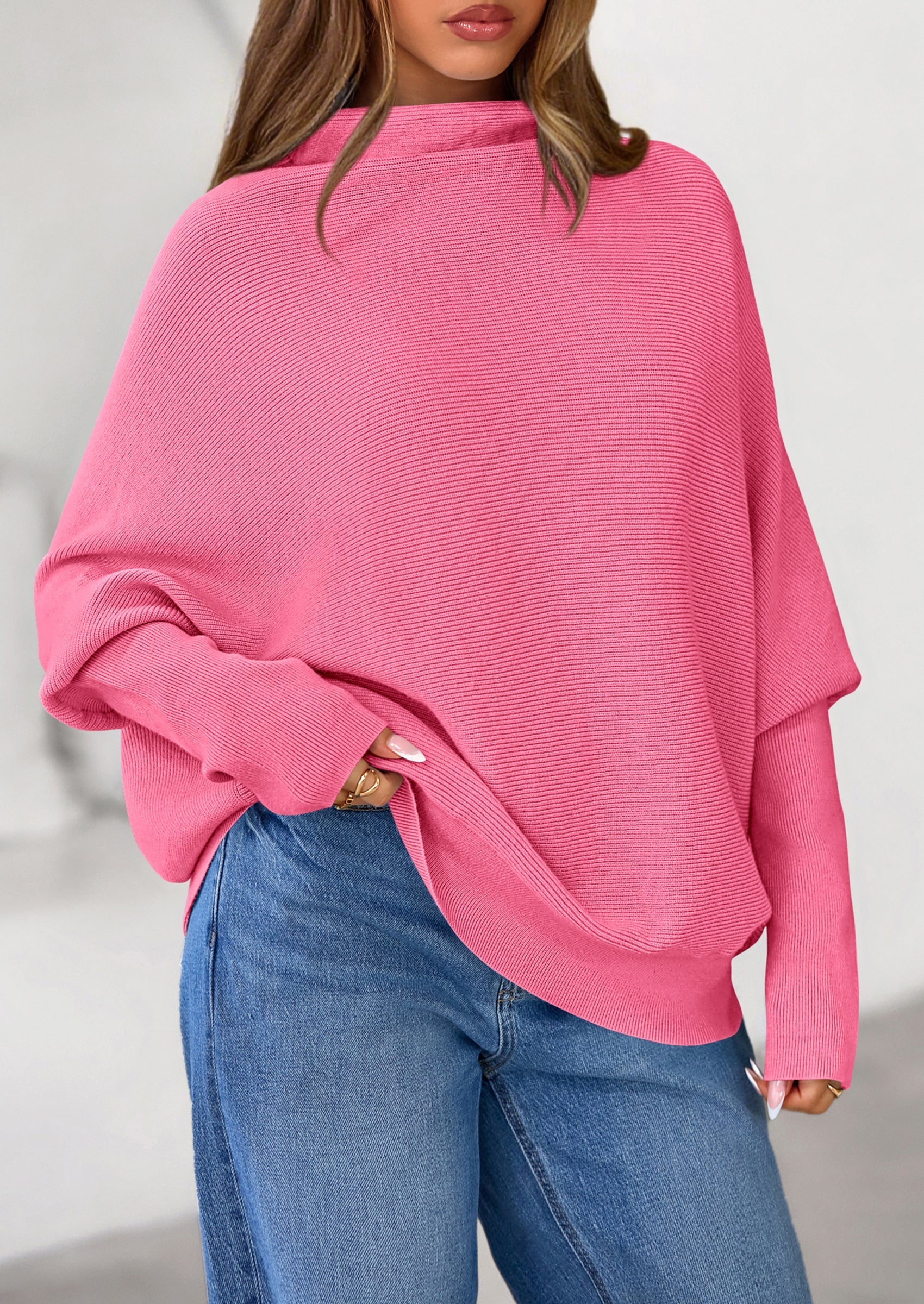 Womens Sweaters Fall Fashion Casual Loose Turtleneck Batwing Long Sleeve Knit Sweater Pullover Tops