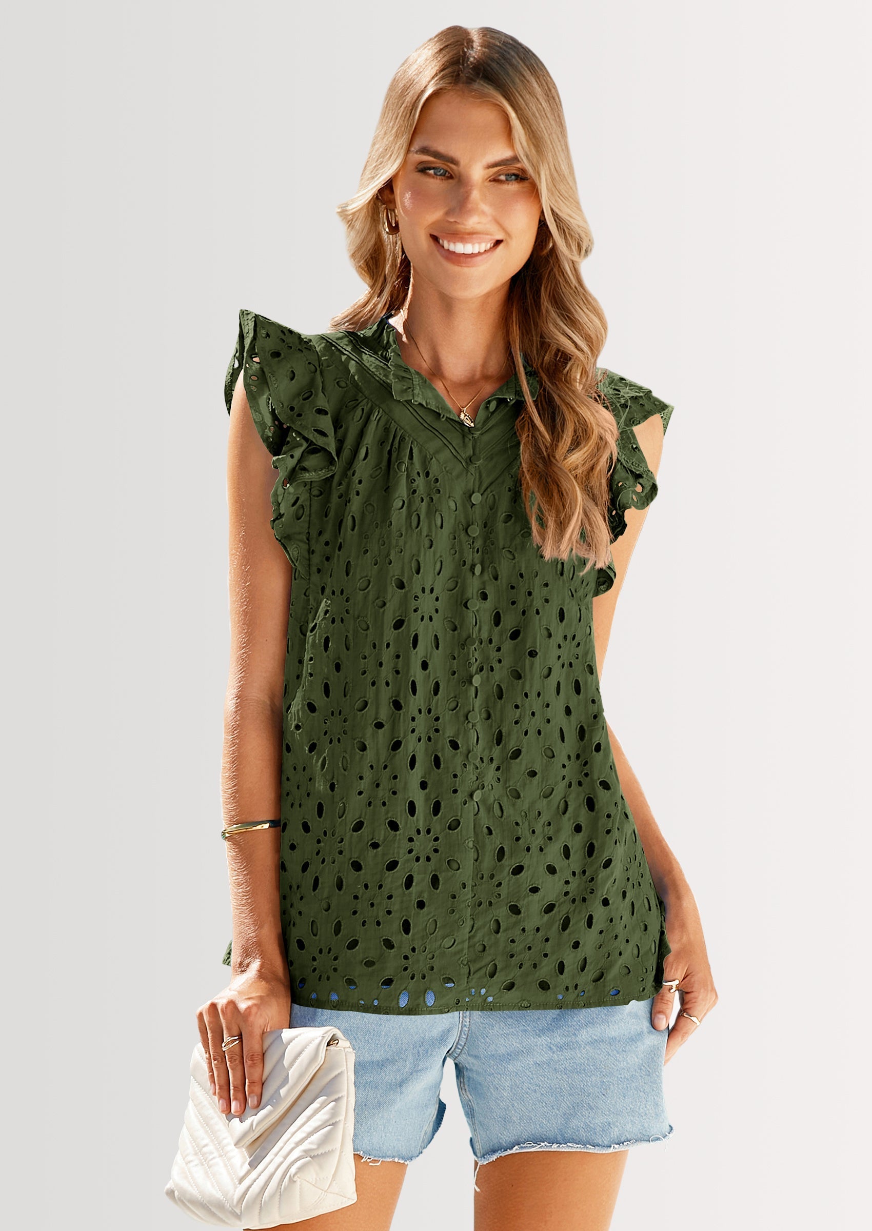 Womens Summer Tops 2025 Dressy Casual Ruffle Cap Sleeve Button V Neck Embroidered Eyelet Blouses Shirts