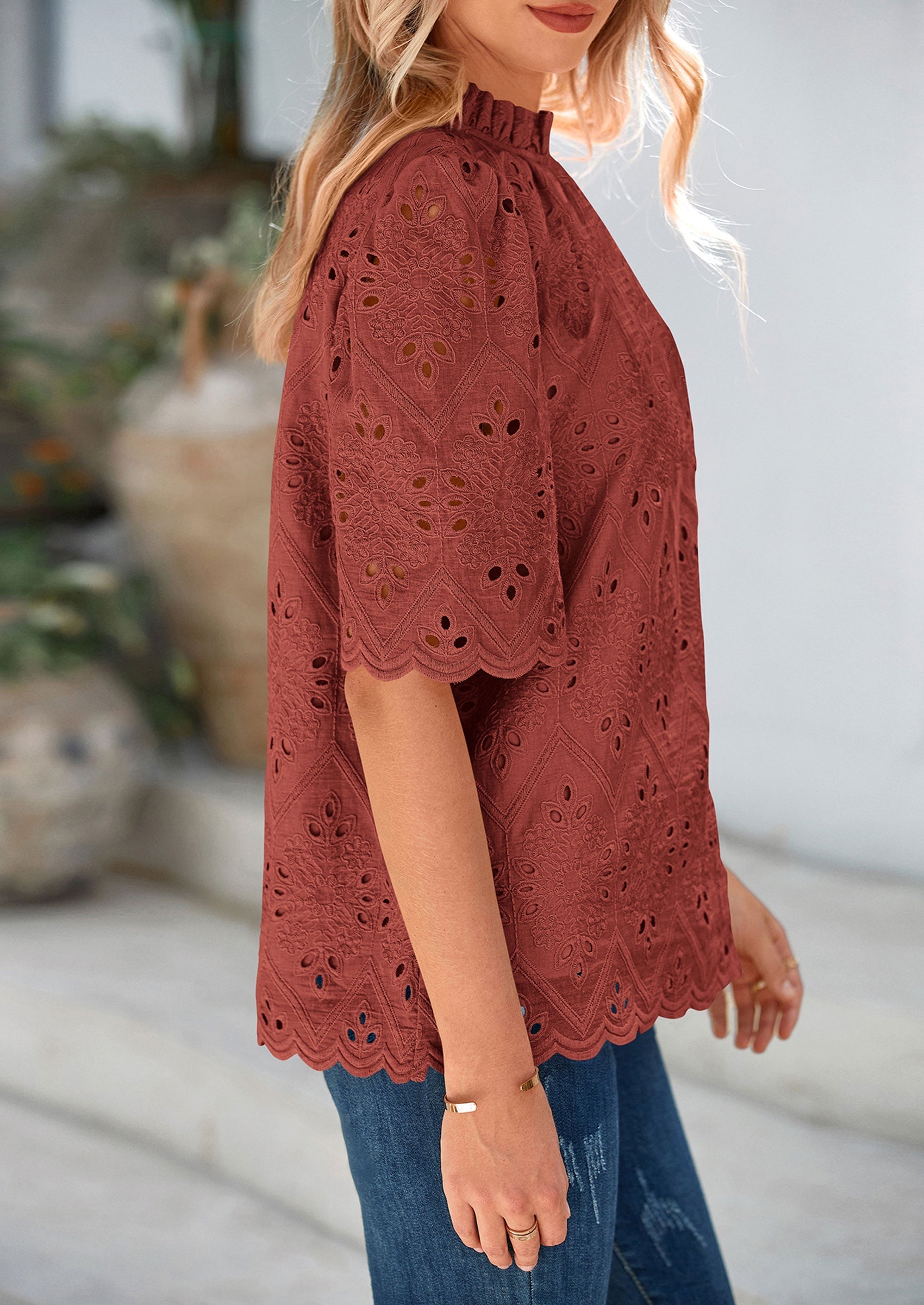 Womens Summer Tops Trendy Short Sleeve Eyelet Embroidered Dressy Casual Blouse Shirts