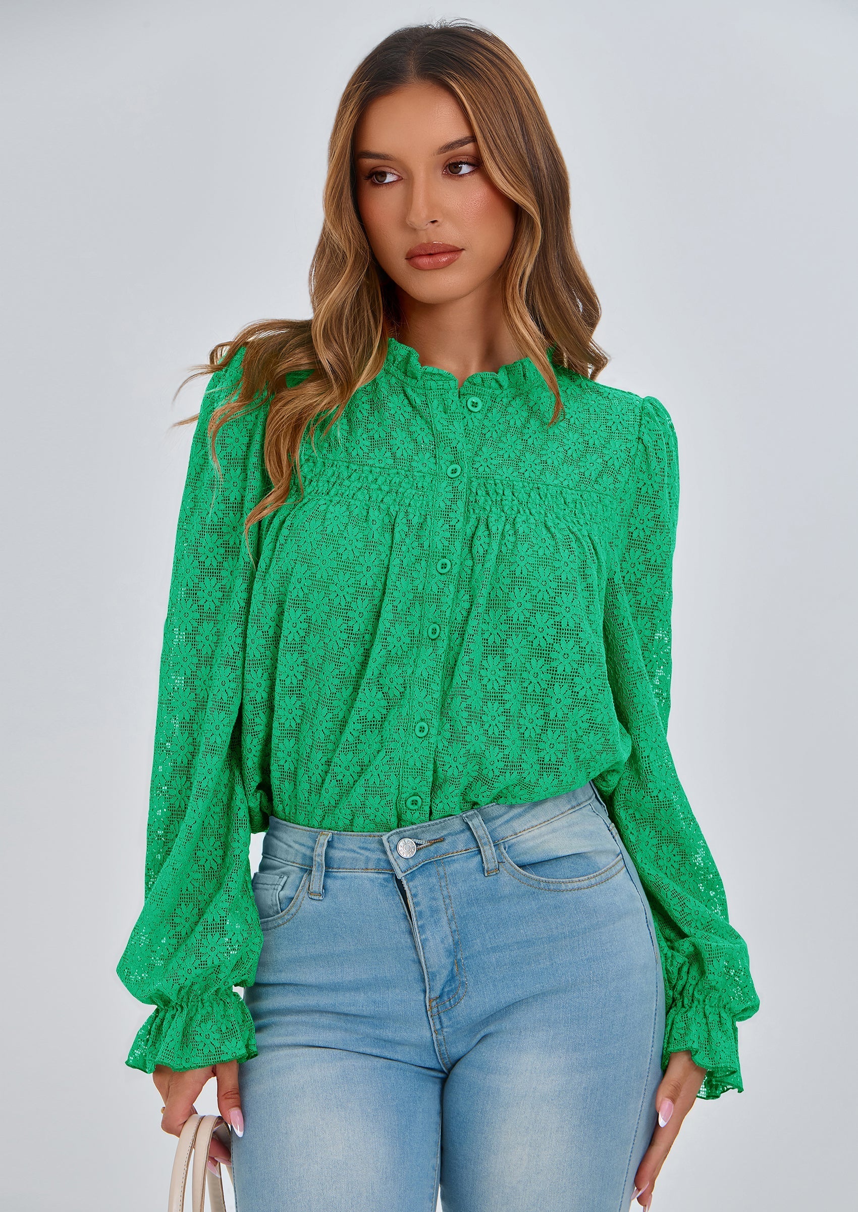 Lace Long Sleeve Tops for Women Eyelet Blouses Dressy Casual Hollow Out Button Down Shirts Summer Outfits