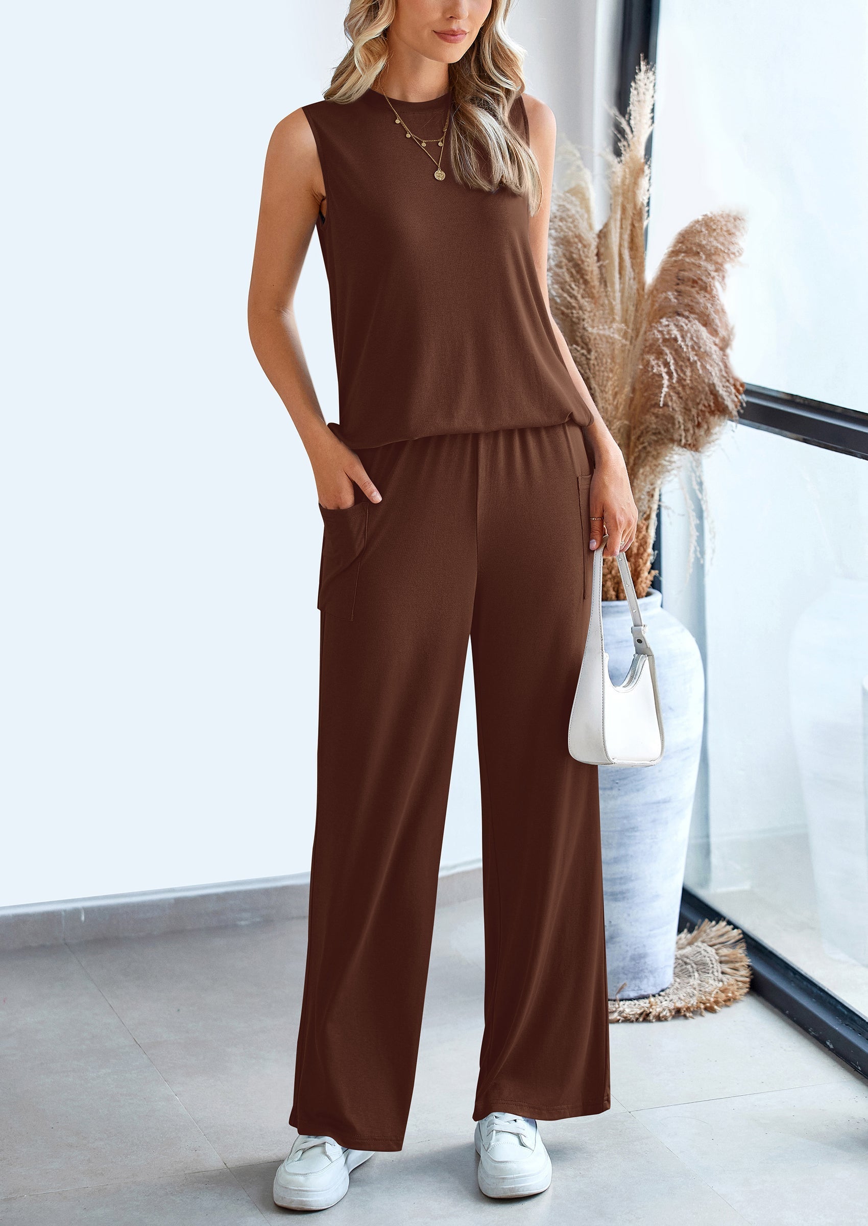 2 Piece Set Loose Tank Top Wide Leg Pants Casual Matching Outfits Tracksuit