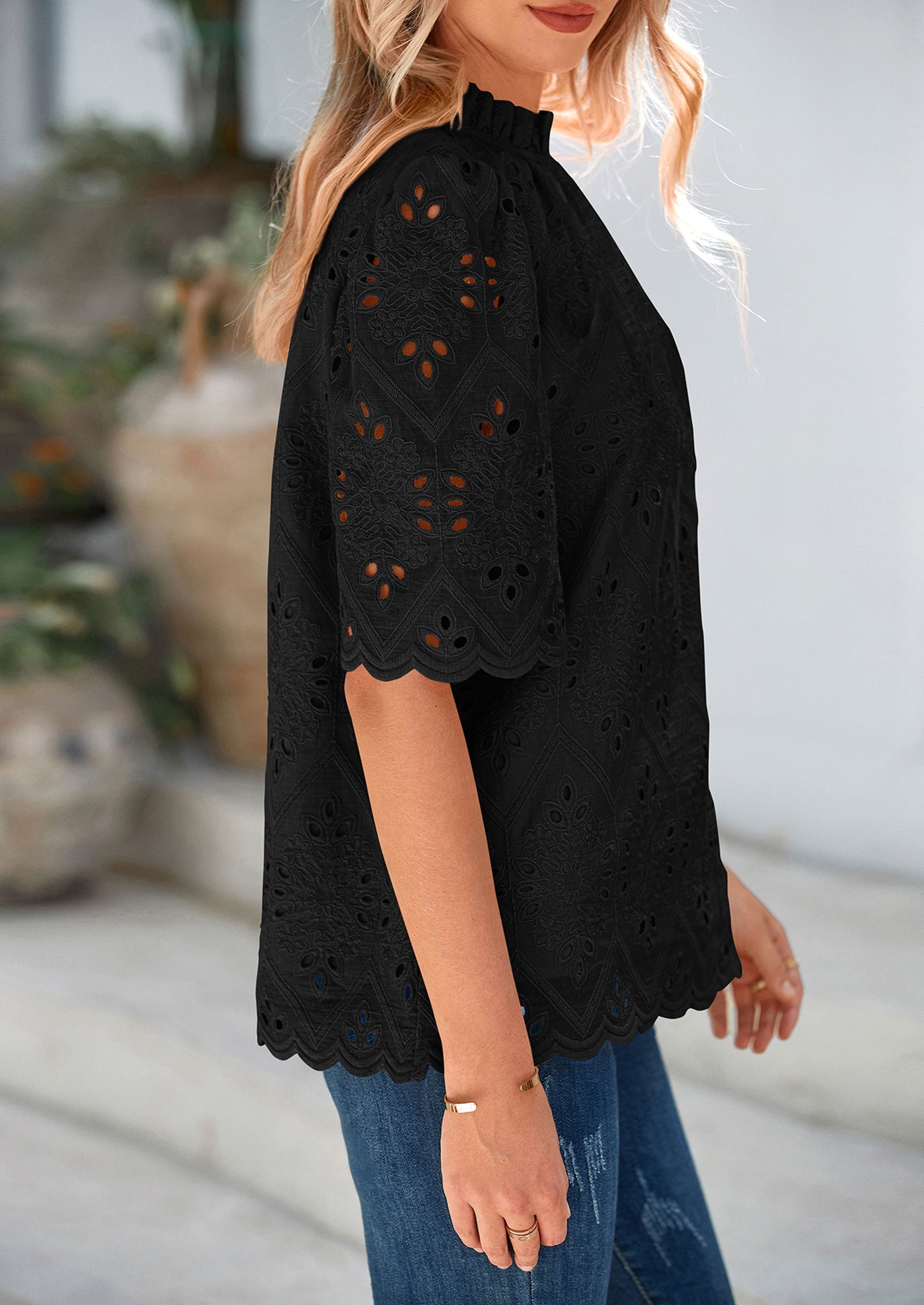 Womens Summer Tops Trendy Short Sleeve Eyelet Embroidered Dressy Casual Blouse Shirts