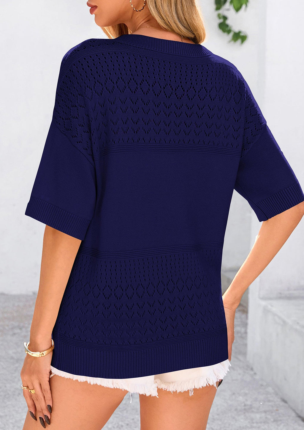 Women's Short Sleeve Sweater Tops Spring Summer Casual V Neck Ribbed Knit Trendy Eyelet Blouse T Shirts