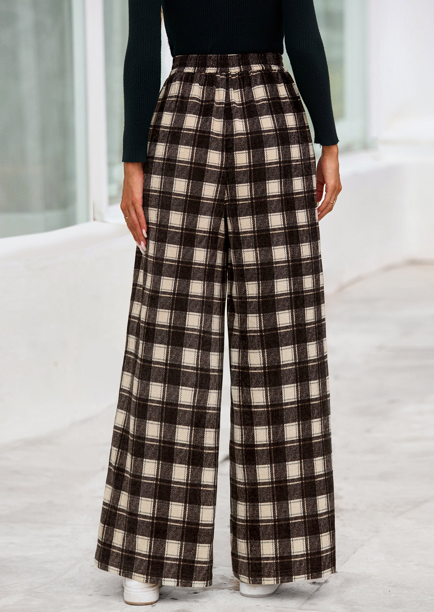 Casual Women's Pants Elastic Waist Palazzo Long Stretchy Wide Leg Trousers Knit Fall Outfits with Pockets