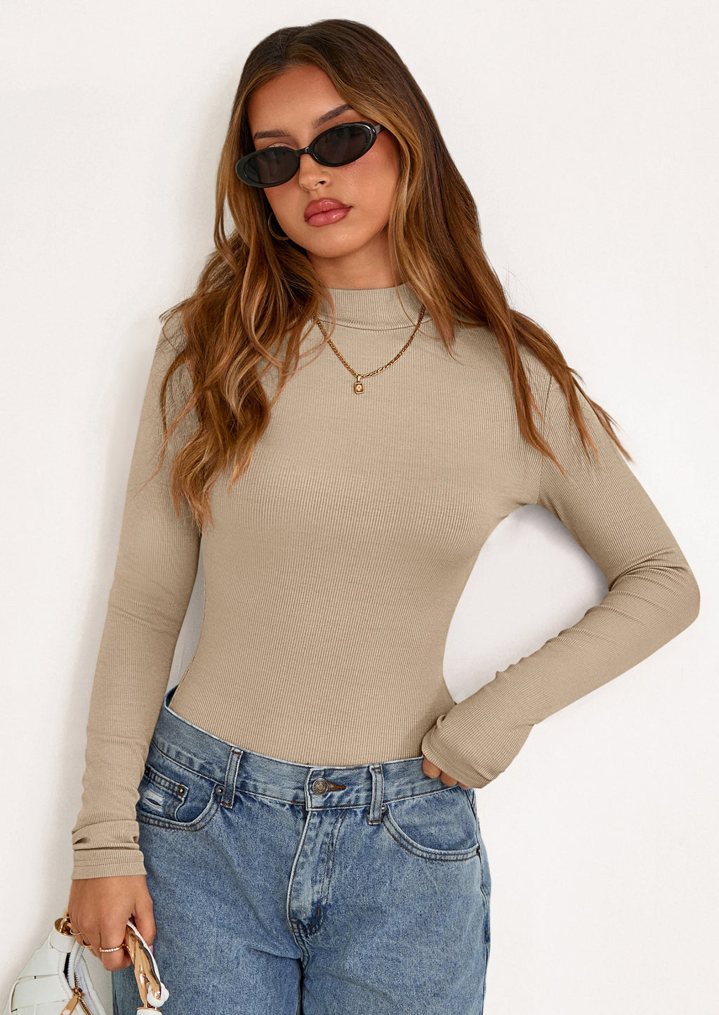Women's Turtleneck Long Sleeve Shirts Fall Basic Tees Ribbed Fitted Tops Thermal Layering Knit Top Clothes