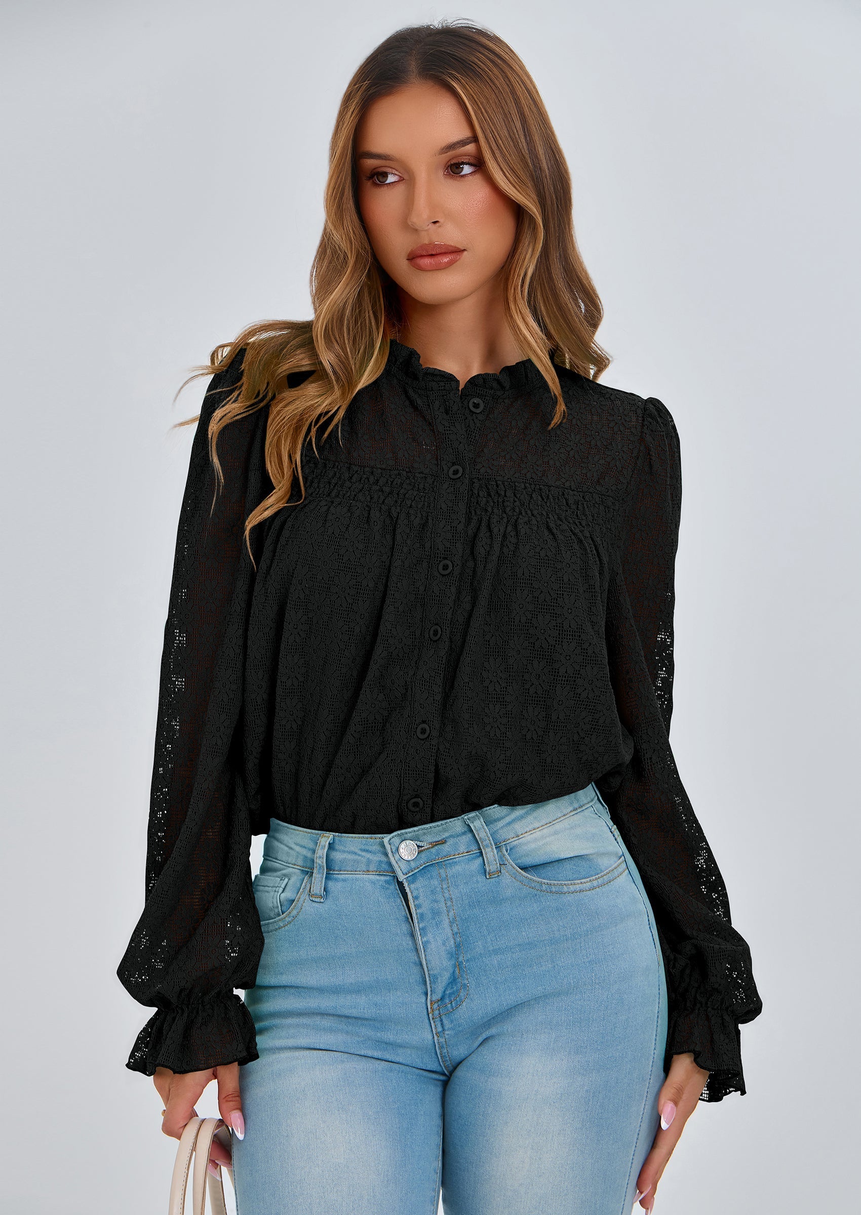 Lace Long Sleeve Tops for Women Eyelet Blouses Dressy Casual Hollow Out Button Down Shirts Summer Outfits