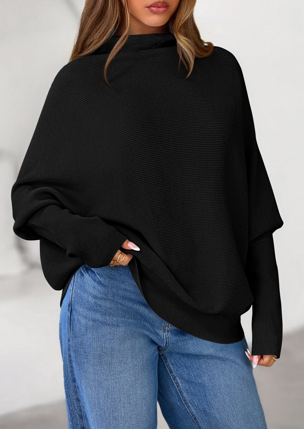 Womens Sweaters Fall Fashion Casual Loose Turtleneck Batwing Long Sleeve Knit Sweater Pullover Tops