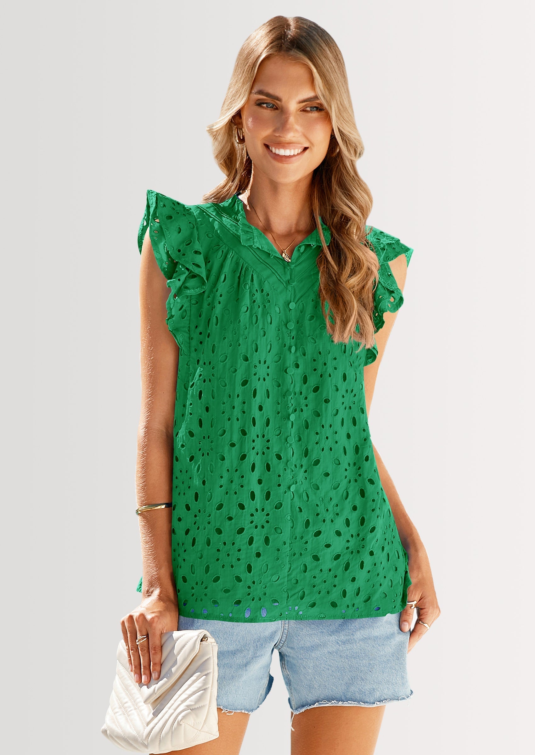 Womens Summer Tops 2025 Dressy Casual Ruffle Cap Sleeve Button V Neck Embroidered Eyelet Blouses Shirts