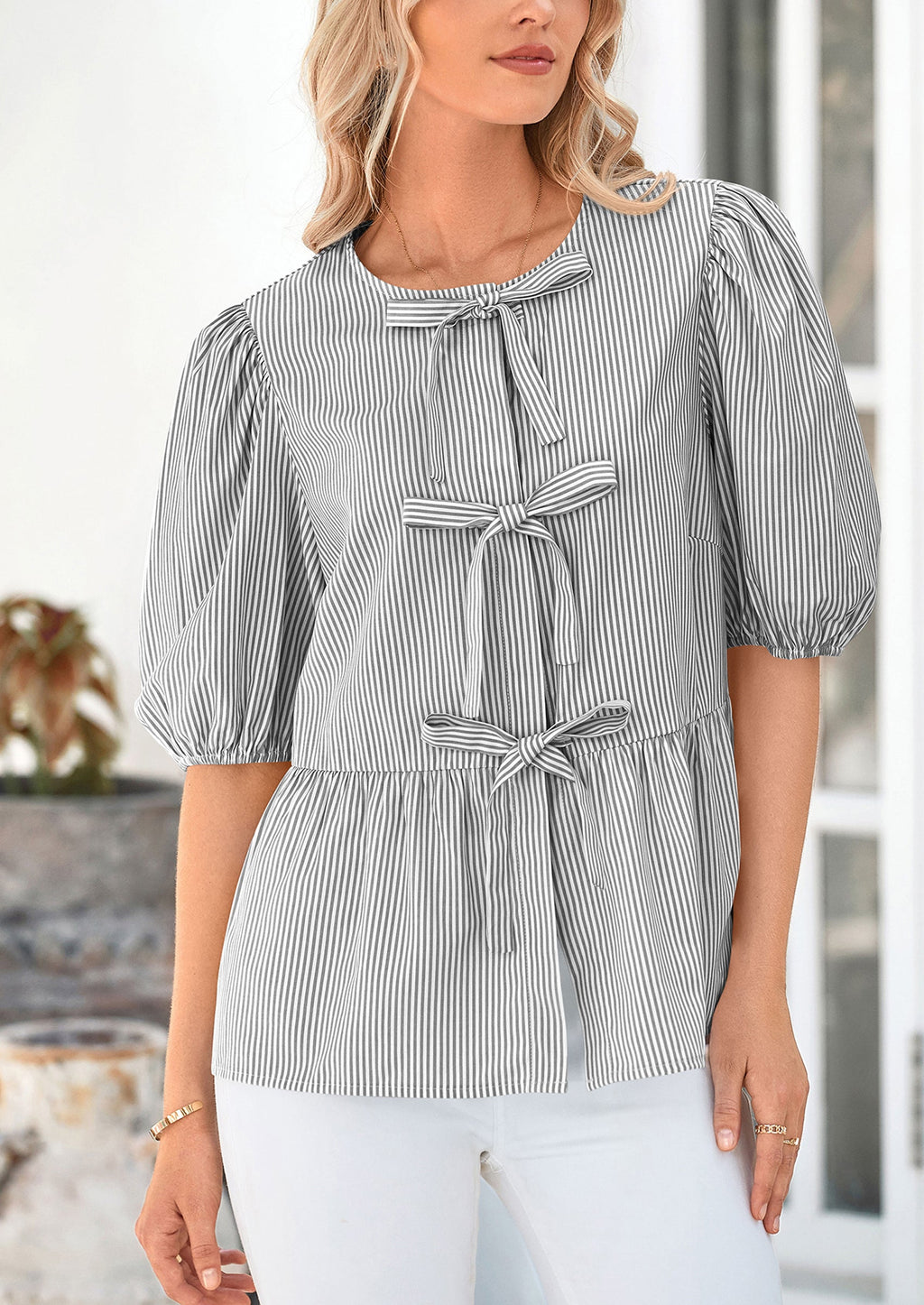 Women's Tie Front Striped Shirt Summer Trendy Fashion Cute Babydoll Tops Peplum Puffy Sleeve Blouse