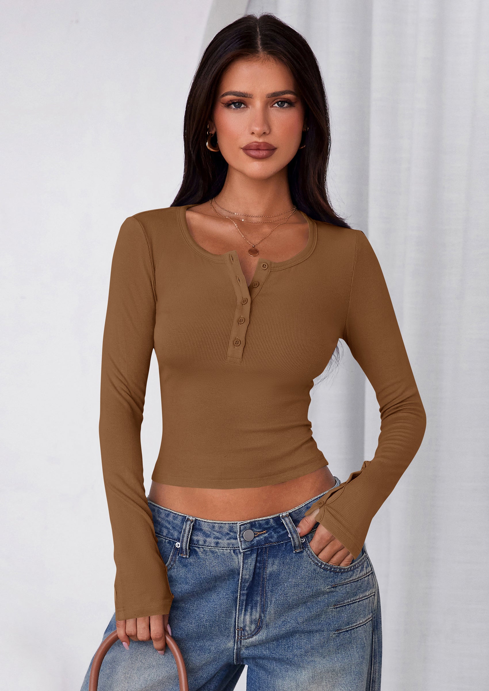 Women's Summer Long Sleeve Henley T Shirts Ribbed Knit Button Slim Fitted Basic Casual Going Out Fall Tops