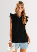 Womens Summer Tops 2025 Dressy Casual Ruffle Cap Sleeve Button V Neck Embroidered Eyelet Blouses Shirts