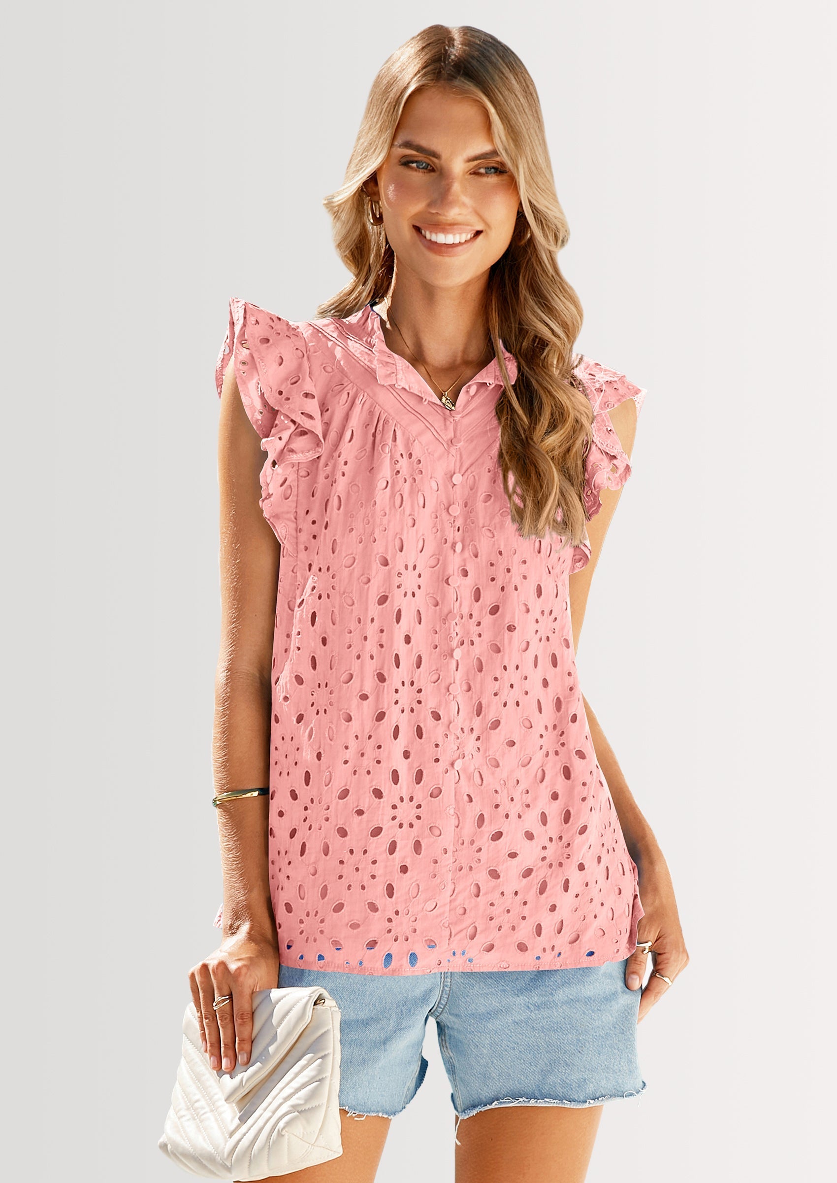 Womens Summer Tops 2025 Dressy Casual Ruffle Cap Sleeve Button V Neck Embroidered Eyelet Blouses Shirts