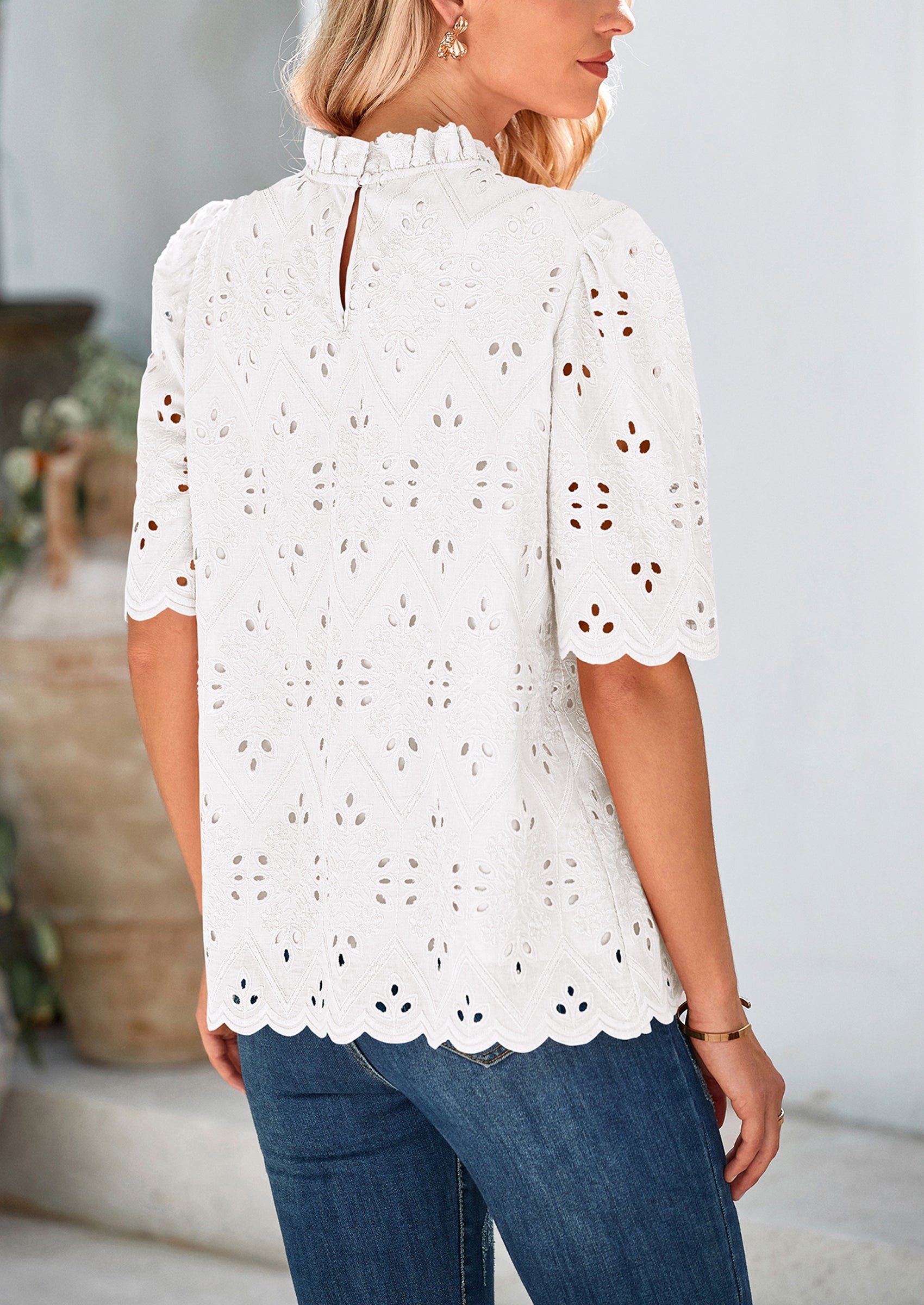 Womens Summer Tops Trendy Short Sleeve Eyelet Embroidered Dressy Casual Blouse Shirts