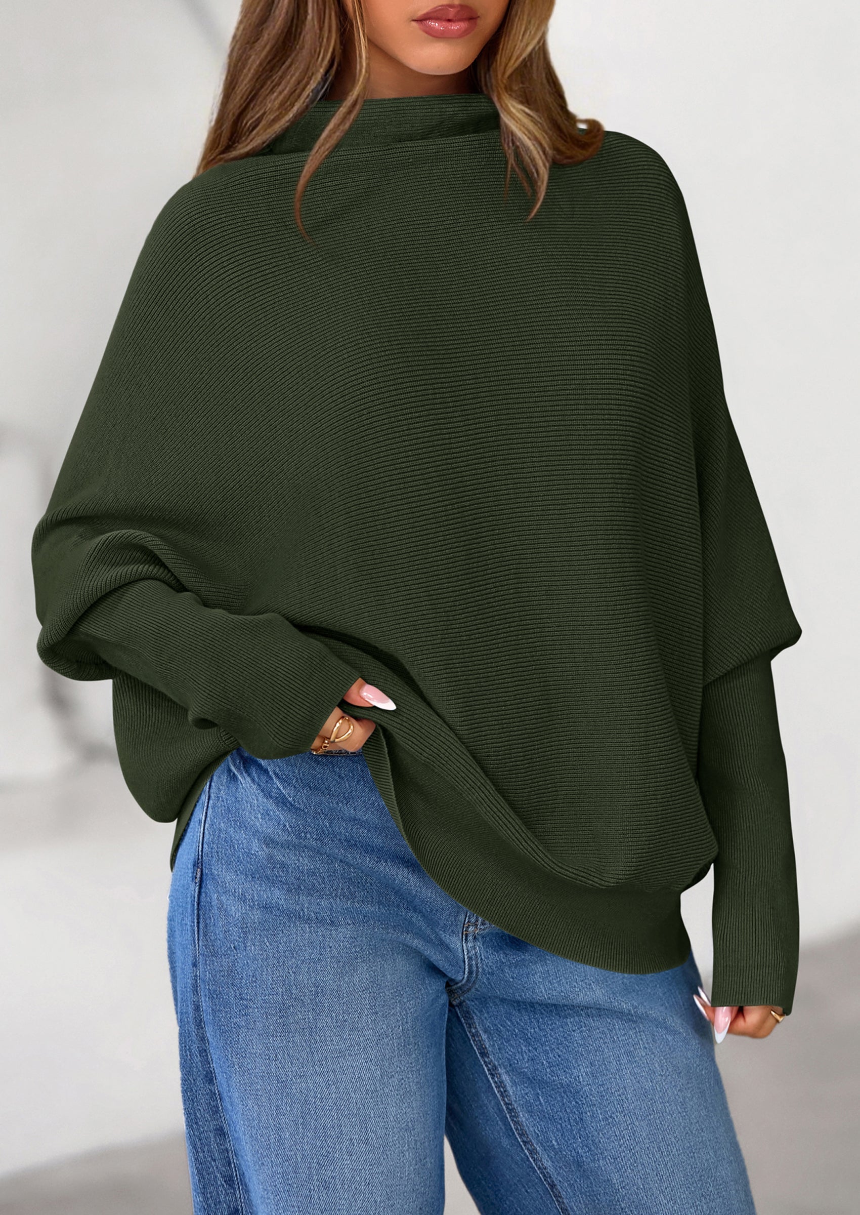 Womens Sweaters Fall Fashion Casual Loose Turtleneck Batwing Long Sleeve Knit Sweater Pullover Tops