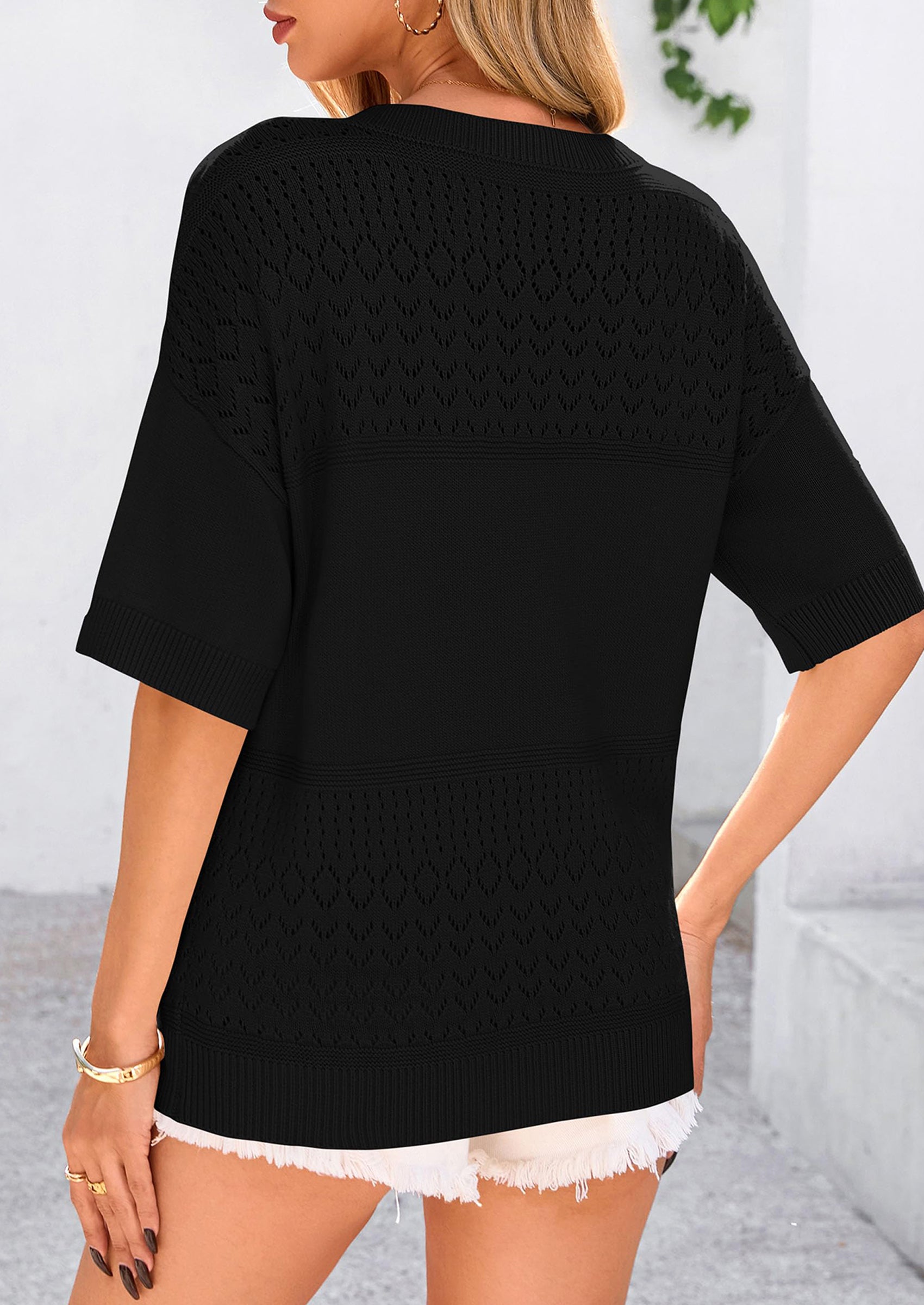 Women's Short Sleeve Sweater Tops Spring Summer Casual V Neck Ribbed Knit Trendy Eyelet Blouse T Shirts