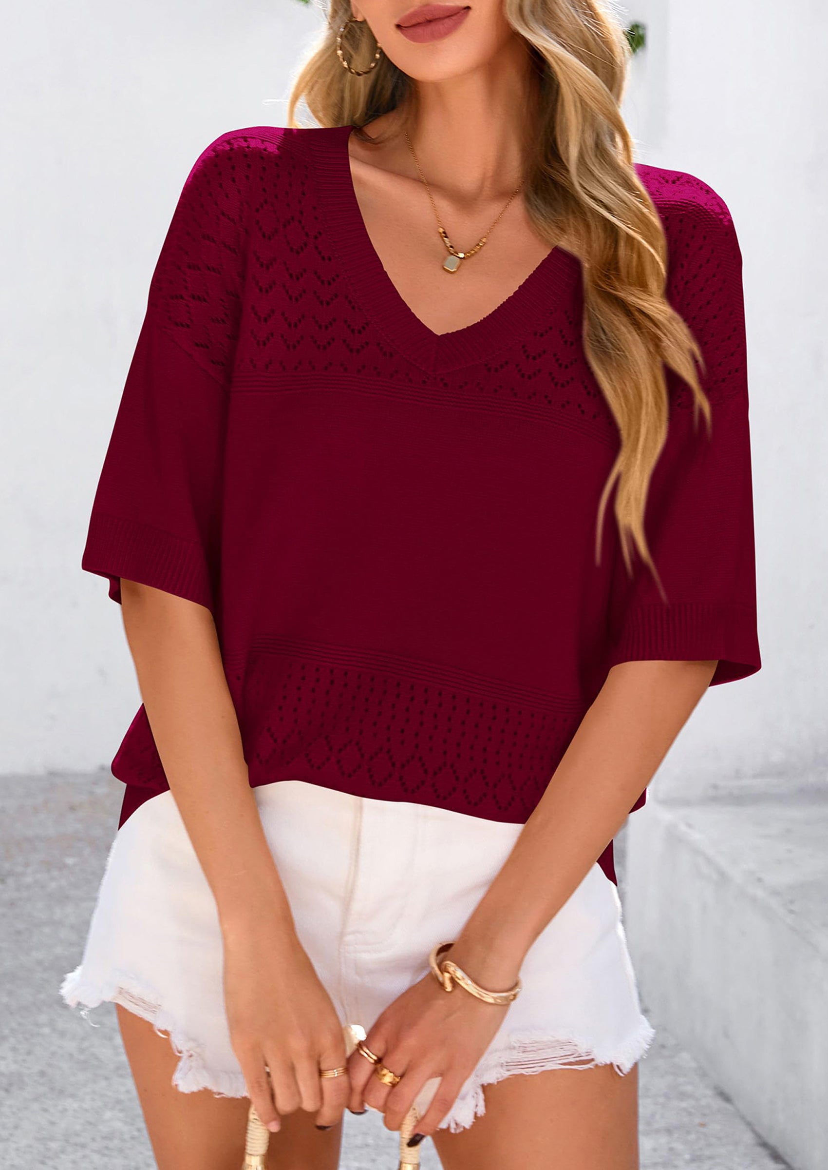 Women's Short Sleeve Sweater Tops Spring Summer Casual V Neck Ribbed Knit Trendy Eyelet Blouse T Shirts