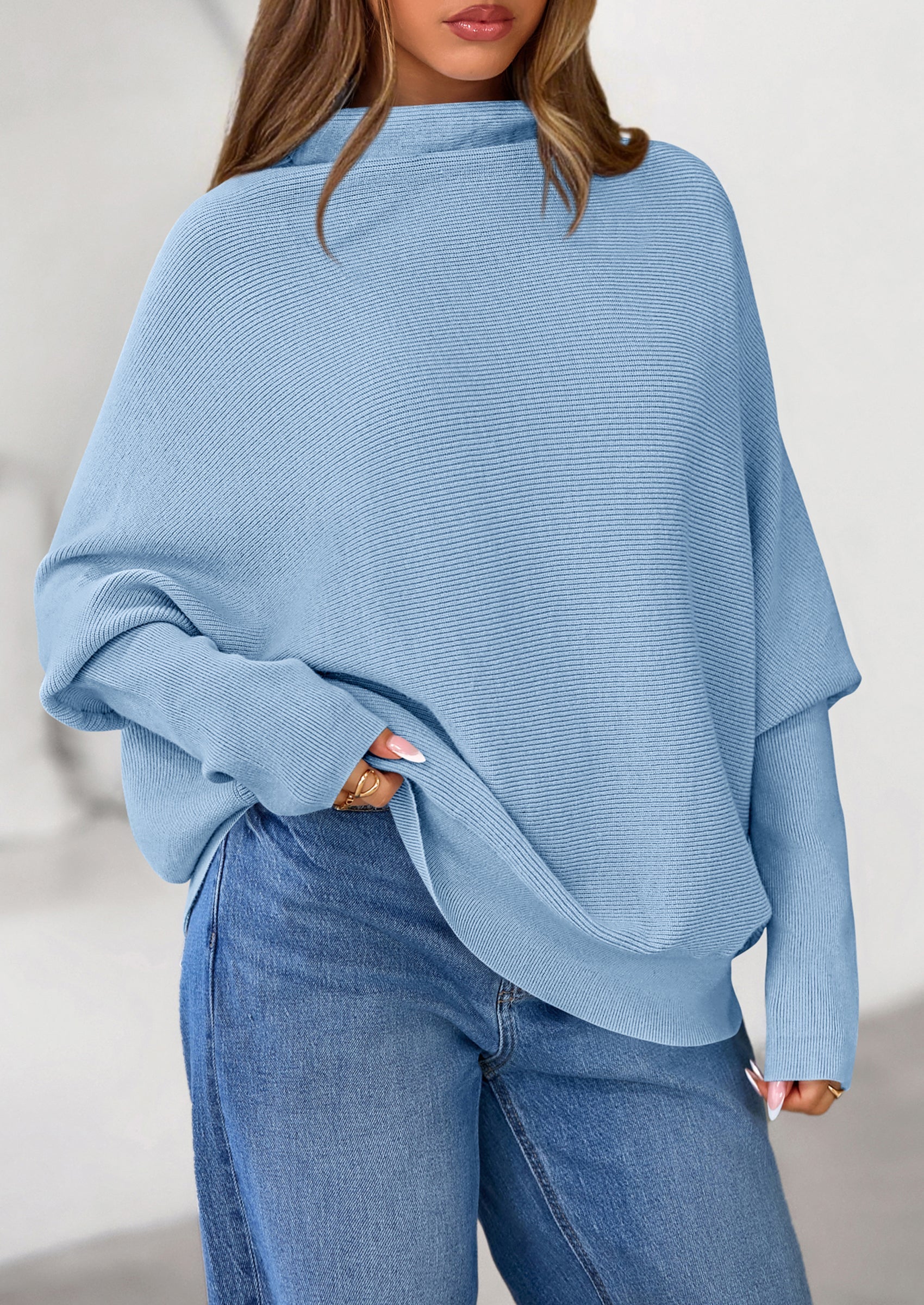 Womens Sweaters Fall Fashion Casual Loose Turtleneck Batwing Long Sleeve Knit Sweater Pullover Tops