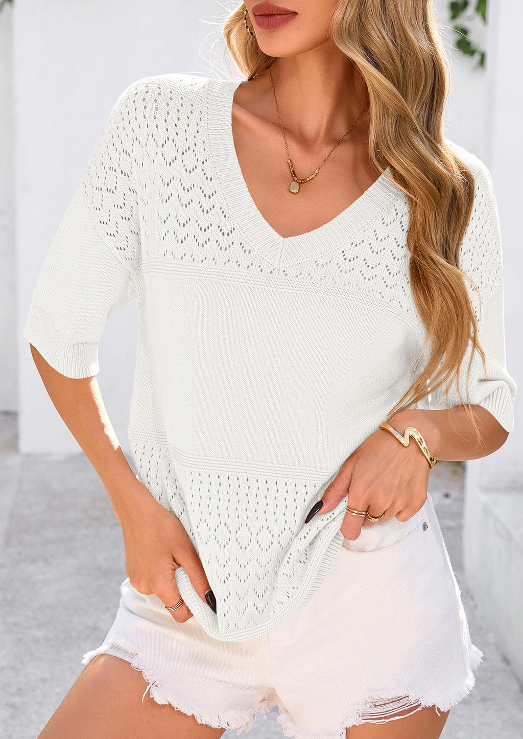 Women's Short Sleeve Sweater Tops Spring Summer Casual V Neck Ribbed Knit Trendy Eyelet Blouse T Shirts