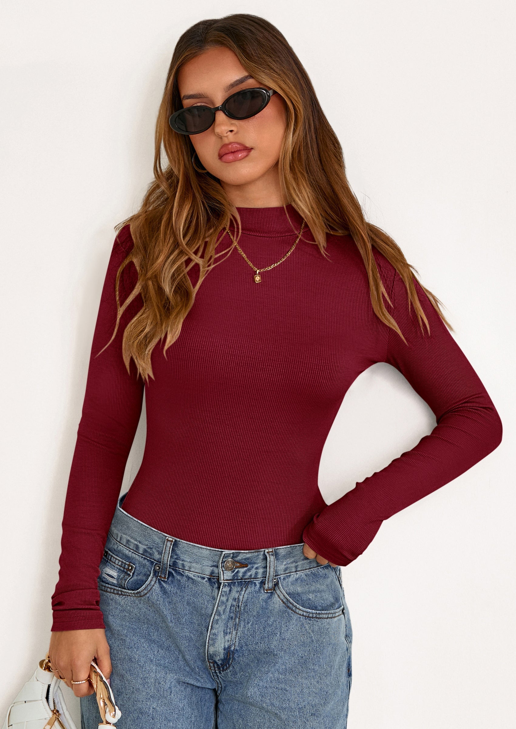 Women's Turtleneck Long Sleeve Shirts Fall Basic Tees Ribbed Fitted Tops Thermal Layering Knit Top Clothes
