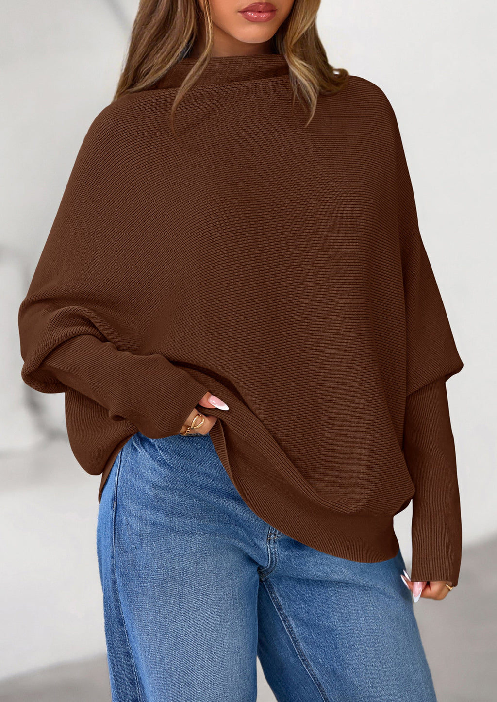Womens Sweaters Fall Fashion Casual Loose Turtleneck Batwing Long Sleeve Knit Sweater Pullover Tops